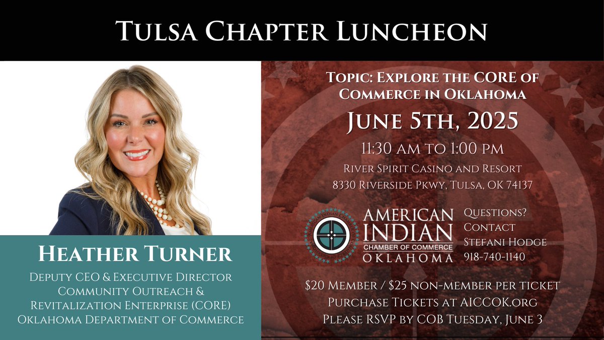 Join Us for Our Tulsa Chapter Luncheon Thursday, June 5, 2025 from 11:30am – 1:00pm! 

Visit eventbrite.com/e/tulsa-chapte… to secure your spot! 

#AICCOk #AllNationsOneMission #Oklahoma #Native #Tribal #NativeBusiness #Chamber