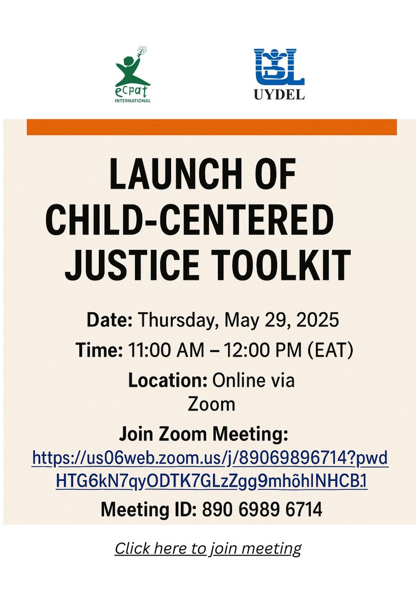 NEW TOOLKIT LAUNCH! 
📅May 29, 2025 | 🕚 11AM EAT | 💻 Online via Zoom

Children deserve justice systems that see, hear, and protect them. Join us as we launch the Child-Centered Justice Toolkit; a game-changing resource for advocates, legal minds &amp; changemakers.

Be part of the