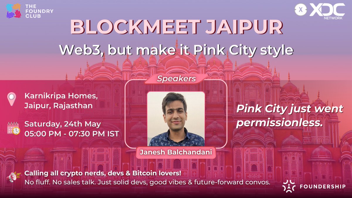 pune_dao's tweet photo. #BLOCKMEET JAIPUR - #Web3, but make it Pink City style. 💥

We along with @FoundershipHQ are bringing the Blockmeet energy to Jaipur — Whether you’re deep in smart contract trenches, building on AI x Web3, exploring #RWA  or #Stablecoins, or just crypto-curious — this is your space.

📍 Venue: Karnikripa Homes, Jaipur
🗓 Date: Saturday, 24th May
🕔 Time: 5:00 PM – 7:30 PM IST
🔗https://t.co/hQw3alObLu

🎤 Speaker: @janesh_dani , Lead Devrel Engineer at @pharos_network is ready to share stories that’ll spark your next idea.

Also joining him are @Charchit_WEB3 from @gesimxyz  & @sokkkkaaa from @0xEpochProtocol 

So don't miss meeting with some of the brightest minds & founders. 

Why should you care?

✅ Build on XDC – Learn how folks are using XDC to launch real-world projects in AI, RWA, TradeFi, and beyond
✅ Pitch your MVP – Got something cooking? Share your build and get instant feedback
✅ Get funded – Access the XDC Accelerator with up to $100K in investment 💰
✅ Network without the cringe – No jargon. Just founders, devs, investors & good vibes
✅ Plug into a growing tribe – Join 65K+ innovators across India building the future of decentralized tech

🎯 What to expect:

Unfiltered founder stories.

Tactical takeaways for builders.

Conversations that actually go somewhere.

A relaxed space to connect, jam, and maybe even collab.

Your host Rakesh is excited to meet you all.

📣 If you’re building (or want to), this is your moment.
📢 If you’re vibing with the Web3 wave, this is your tribe.
🪩 If you’re in #Jaipur — we’ll see you there.

👉 RSVP now and bring a friend who’s crypto-curious.
https://t.co/jajvzJJkn6

Pink City just went permissionless. 🔓
#XDCNetwork #punedao #foundership