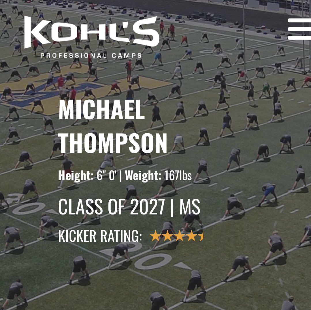 Michael Thompson 2027 #24 K in πΊπΈ (@mjthomp13) on Twitter photo Blessed to be named a 4.5βοΈ kicker in the class of 2027
<a href="/JamesWilhoit25/">James Wilhoit</a> <a href="/KohlsKicking/">Kohl's Kicking Camps</a> <a href="/tgrussolino/">Taylor Russolino</a> <a href="/chriscutcliffe/">Chris Cutcliffe</a> <a href="/loganwdodson/">Logan Dodson</a> <a href="/ohschargers/">Oxford Charger Football</a> <a href="/recruitchargers/">Oxford FB Recruits</a> Blessed to be named a 4.5βοΈ kicker in the class of 2027
<a href="/JamesWilhoit25/">James Wilhoit</a> <a href="/KohlsKicking/">Kohl's Kicking Camps</a> <a href="/tgrussolino/">Taylor Russolino</a> <a href="/chriscutcliffe/">Chris Cutcliffe</a> <a href="/loganwdodson/">Logan Dodson</a> <a href="/ohschargers/">Oxford Charger Football</a> <a href="/recruitchargers/">Oxford FB Recruits</a>