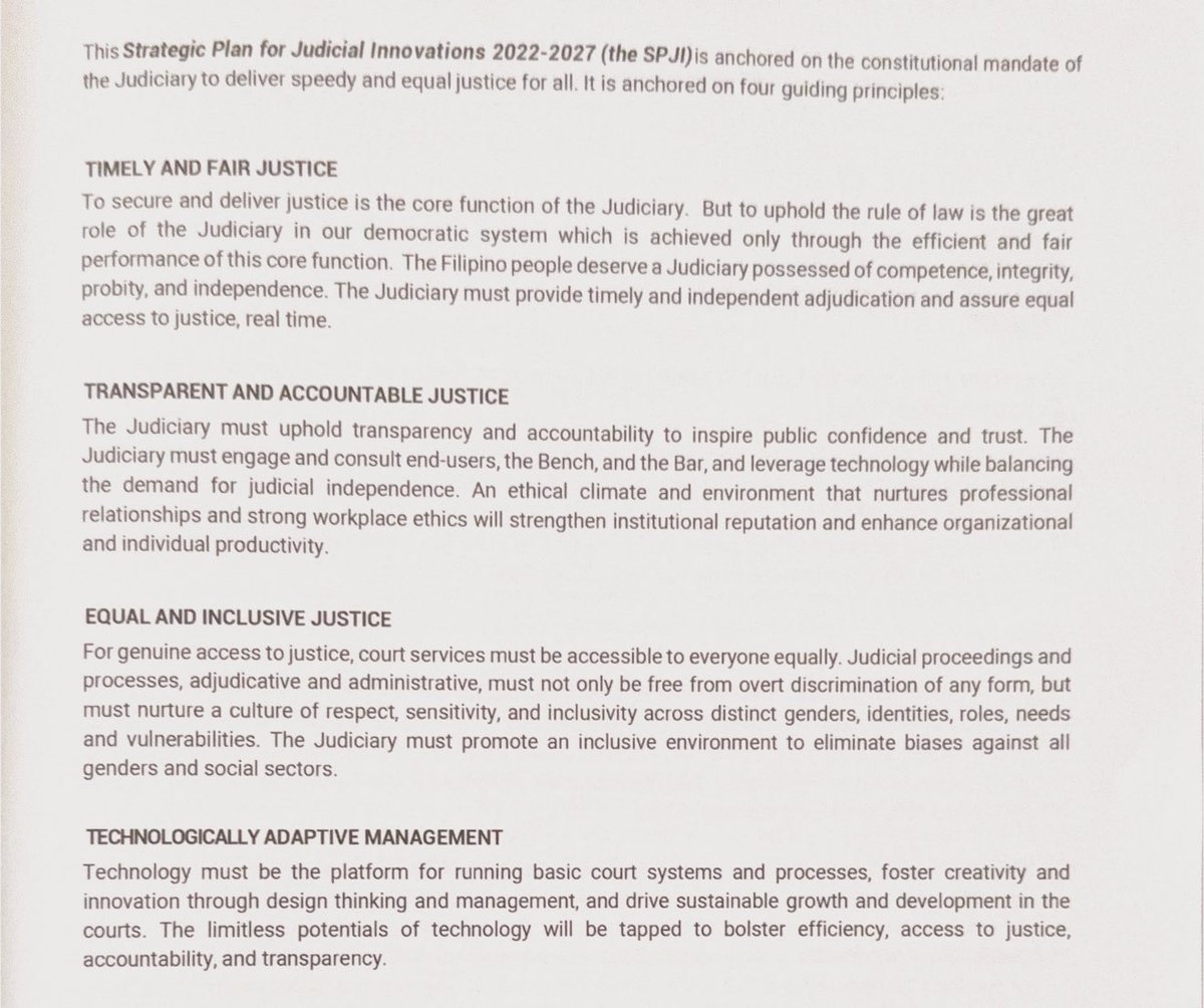 Guiding principles for Strategic Plan for Judicial Innovations [SPJI ] for the #AMYingForExcellence #BarExams2025 

1. TIMELY AND FAIR JUSTICE
2. TRANSPARENT AND ACCOUNTABLE JUSTICE
3. EQUAL AND INCLUSIVE JUSTICE
4. TECHNOLOGICALLY ADAPTIVE MANAGEMENT