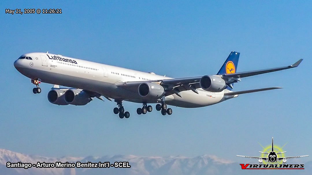 Virtualiners's tweet photo. Hace 20 años: 21-05-2005, #Airbus A340-600 de #Lufthansa, D-AIHD en final corto a pista 17. 

Santiago/Arturo Merino Benítez [#SCL/#SCEL] 🇨🇱

#AvGeek  #virtualiners #spotting #aviationlovers #aviationgeek #a346 #airbuslovers #aviationphotography #planespotting https://t.co/p6zOckbz9R