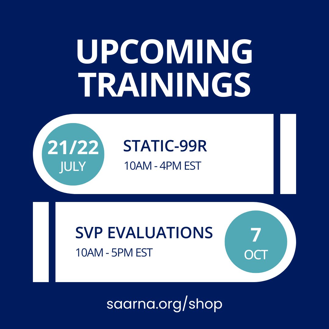 SAARNAOrg's tweet photo. Looking to build your skills this summer or fall? Our upcoming Static-99R training in July and SVP Evaluations training in October still have seats available. Don’t wait—visit our website to register and secure your spot! https://t.co/QwiQDGfZIy https://t.co/SEuhCPetPb