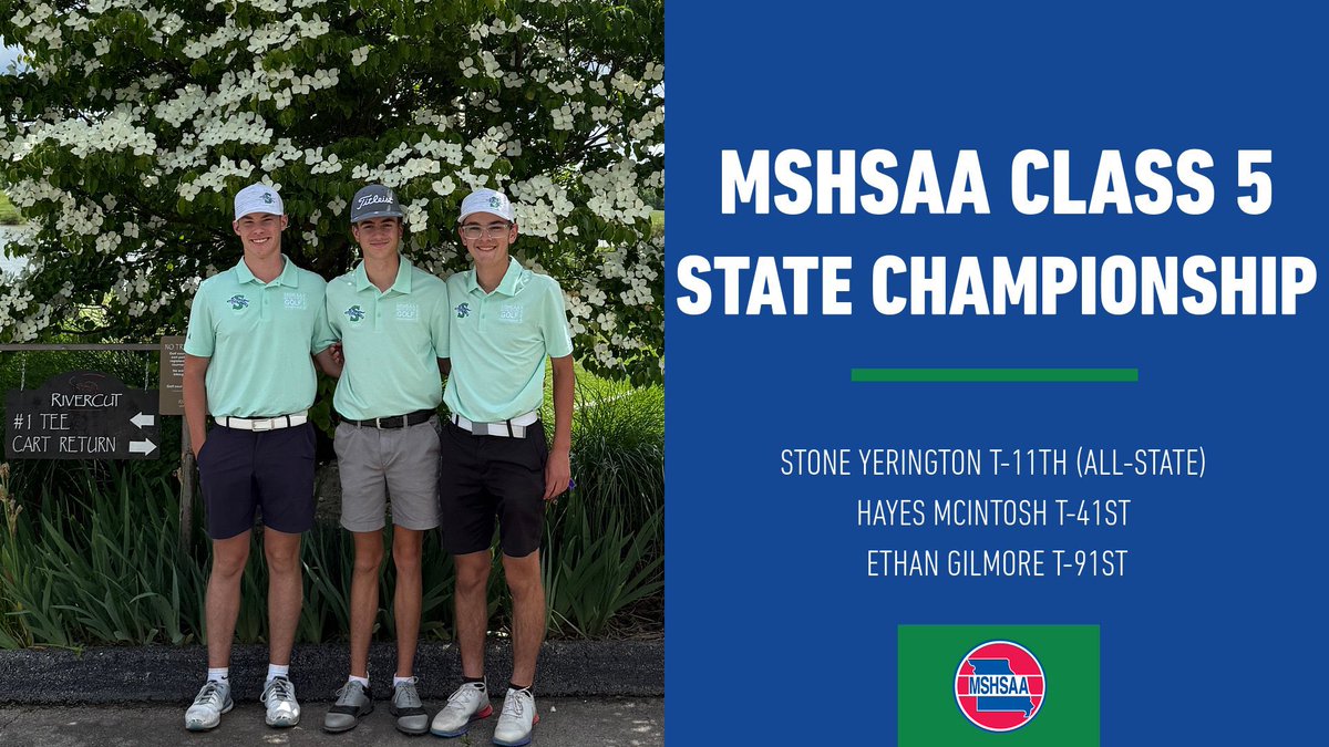 CoachEnrightBSS's tweet photo. MSHSAA Class 5 Boys State Golf Championship results from Springfield, Rivercut Golf Course. Congrats to Senior Jaguar Golfer Stone Yerington on his All-State Honors #JagsAtState https://t.co/LMEgYTRDaj
