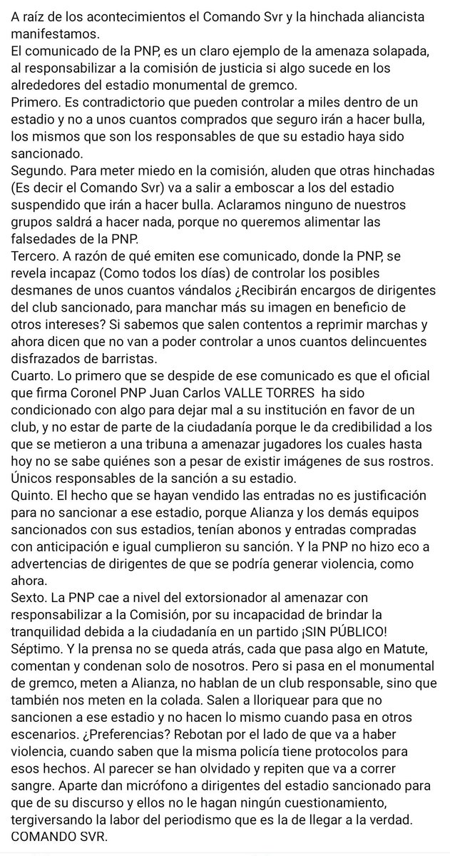 A raíz de los acontecimientos el Comando Svr y la hinchada aliancista manifestamos.
El comunicado de la PNP, es un claro ejemplo de la amenaza solapada, al responsabilizar a la comisión de justicia...