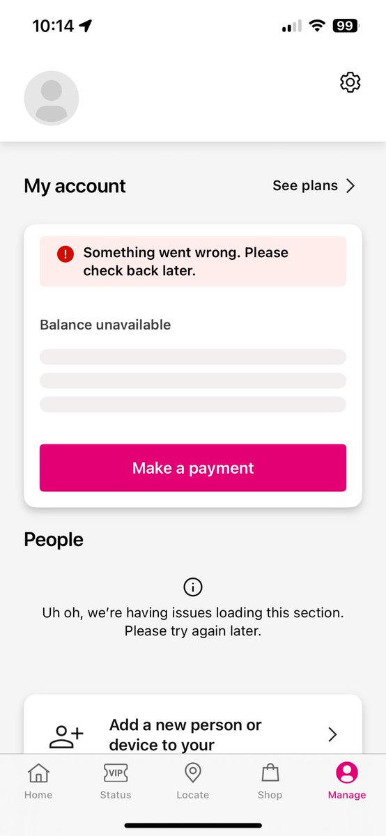 ColinShively's tweet photo. What is going here @TMobile?? Both your app and your website will not allow me to access your payment system. @TMobileHelp https://t.co/JMamPogROV