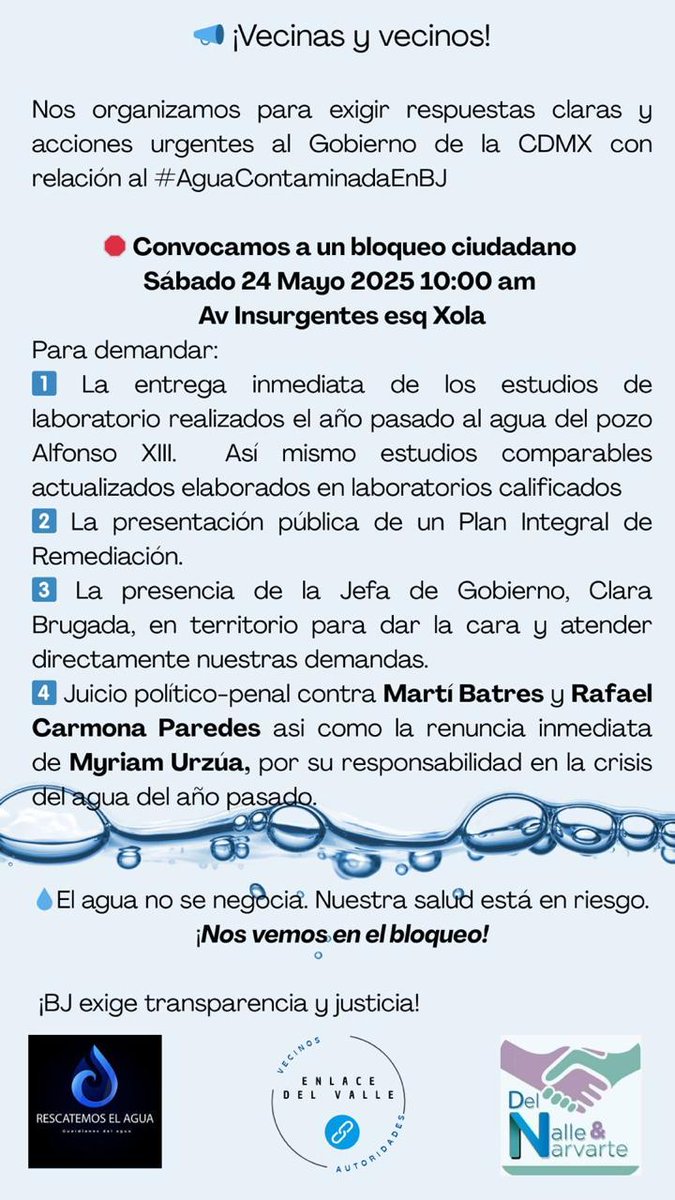 NarvarteVecinos's tweet photo. Un año después, mediante la orden de un juez, sabemos que el contaminante del agua es #Diesel.
Marti Batres, Myriam Urzúa y Rafael Carmona, fueron omisos en todo momento, dejando a los vecinos en una situación vulnerable.
Diésel=Cáncer 
Nos vemos el sábado 24, 10:00 a.m. https://t.co/6zy5O35334