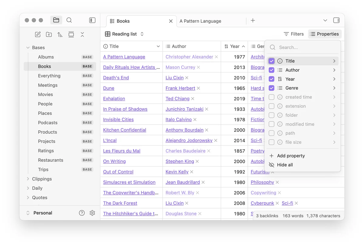 Screenshot of Obsidian showing a base with a list of books
