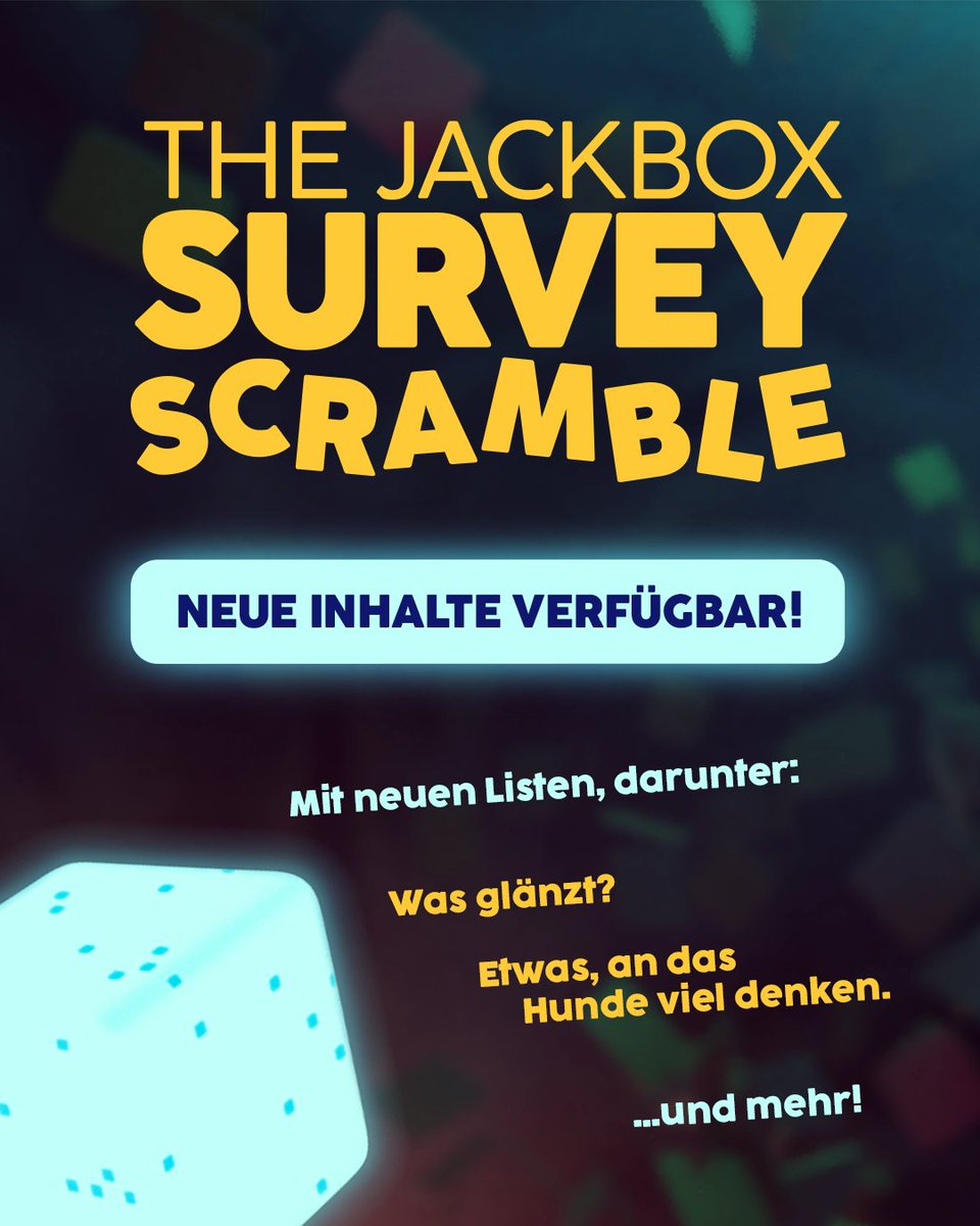 jackboxgamesde's tweet photo. Wir haben soeben unsere deutschen Listen in The Jackbox Survey Scramble aktualisiert! 💛 Macht euch bereit für sehr viel mehr eurer (teils merkwürdigen) Antworten in bestehenden und sogar neuen Listen! ✨

Könnt ihr die erstplatzierten Antworten erraten? https://t.co/ME1fFR9Tjk