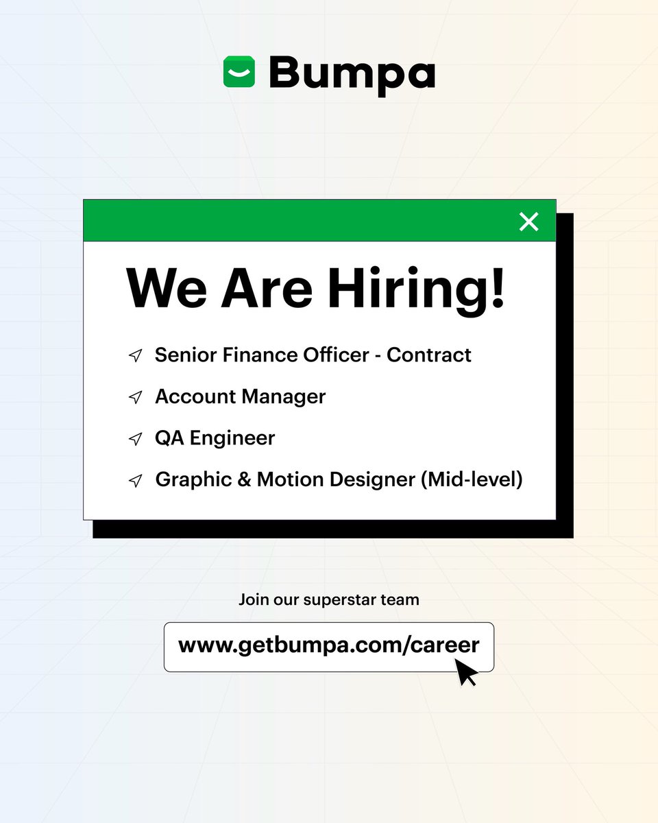 getBumpa's tweet photo. Guess who is hiring? We are 🎉 
Looking to join a team that’s building something great for African businesses? 

Check out our open roles and apply now if you think you are a great fit 💪🏾 

Click the link to apply👇 
https://t.co/88sf2AQ4Y6 

#hiring #workatbumpa #jointheteam https://t.co/56mDHMoqbj