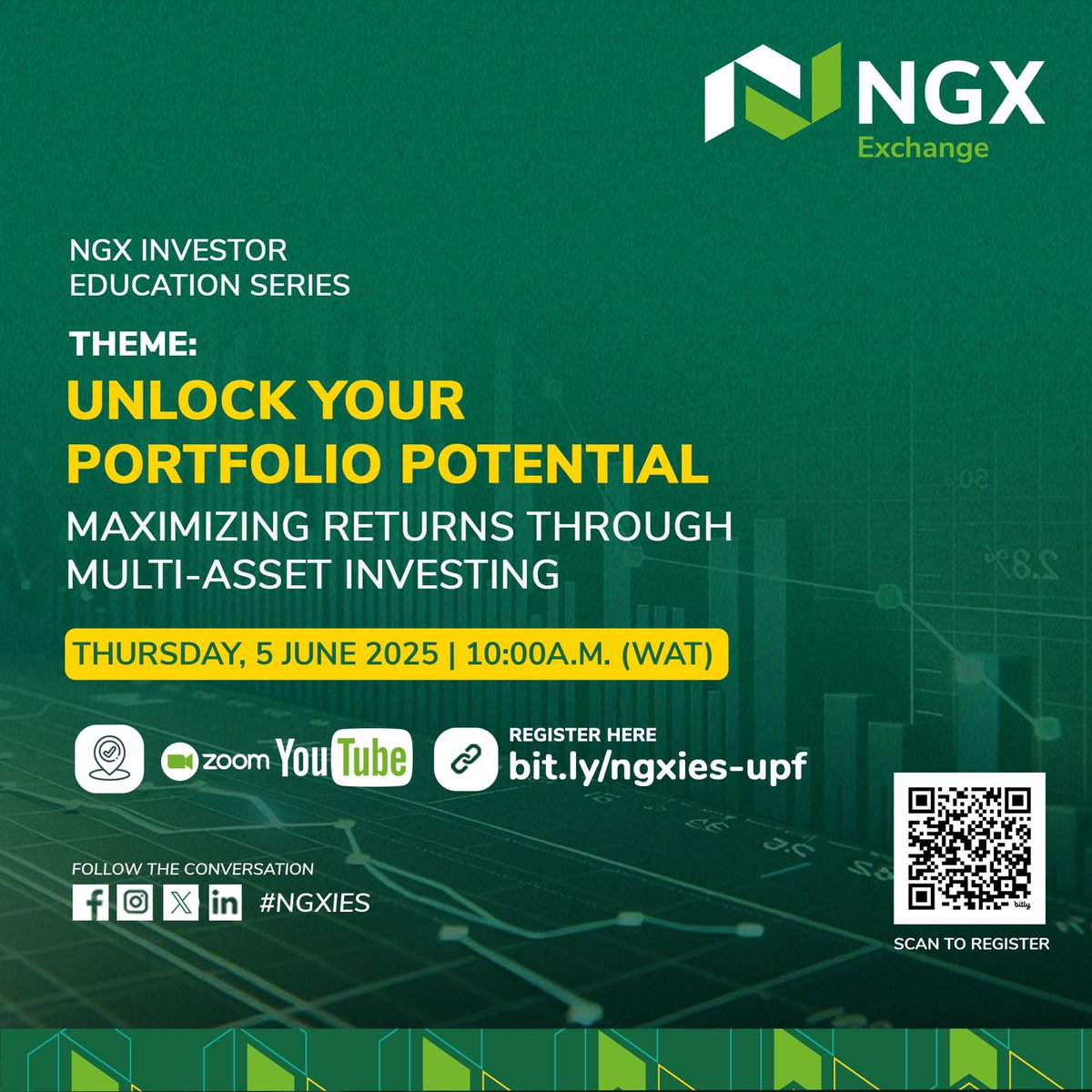 Maximize your investment returns with insights from leading experts at the NGX Investor Education Series. Learn how multi-asset strategies can elevate your portfolio performance.
Date: Thursday, 5 June 2025
Time: 10:00 a.m. (WAT)
Register: bit.ly/ngxies-upf

#NGXIES