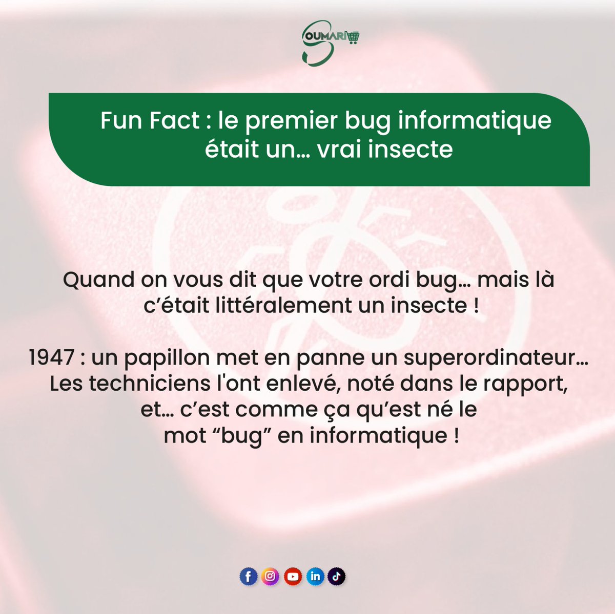 Soumaricom's tweet photo. FUN FACT :  Le premier bug informatique… était un vrai insecte !

🐛 Quand on vous dit que votre ordi bug… mais là c’était littéralement un insecte ! 😃

⚡️Fait historique réel :
En 1947, les ingénieurs de l’ordinateur Mark II à Harvard ont trouvé une panne dans le système. La cause ? Une vraie mite coincée dans un relais ! Ils l’ont retirée et l’ont collée dans leur journal de bord avec la mention :

“First actual case of bug being found.”

#soumari #histoiretech #funfact #bugdelavraievie #geekstory