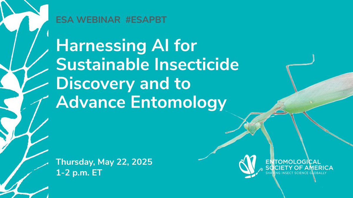 Entomological Society of America (@entsocamerica) on Twitter photo TOMORROW! How can #AI support sustainable insecticide discovery and Physiology, Biochemistry & Toxicology research? Learn more in this May 22 <a href="/EsaPbt/">ESA PBT</a> webinar moderated by <a href="/TinitaLozano/">Tina Lozano (She/Her)</a> <a href="/arcabrera78/">Ana R. Cabrera</a> w/ panelists <a href="/Edel_PLopez/">Edel Pérez-López</a> & Yannick Djoumbou Feunang.
🔗buff.ly/ey0GO60 TOMORROW! How can #AI support sustainable insecticide discovery and Physiology, Biochemistry & Toxicology research? Learn more in this May 22 <a href="/EsaPbt/">ESA PBT</a> webinar moderated by <a href="/TinitaLozano/">Tina Lozano (She/Her)</a> <a href="/arcabrera78/">Ana R. Cabrera</a> w/ panelists <a href="/Edel_PLopez/">Edel Pérez-López</a> & Yannick Djoumbou Feunang.
🔗buff.ly/ey0GO60