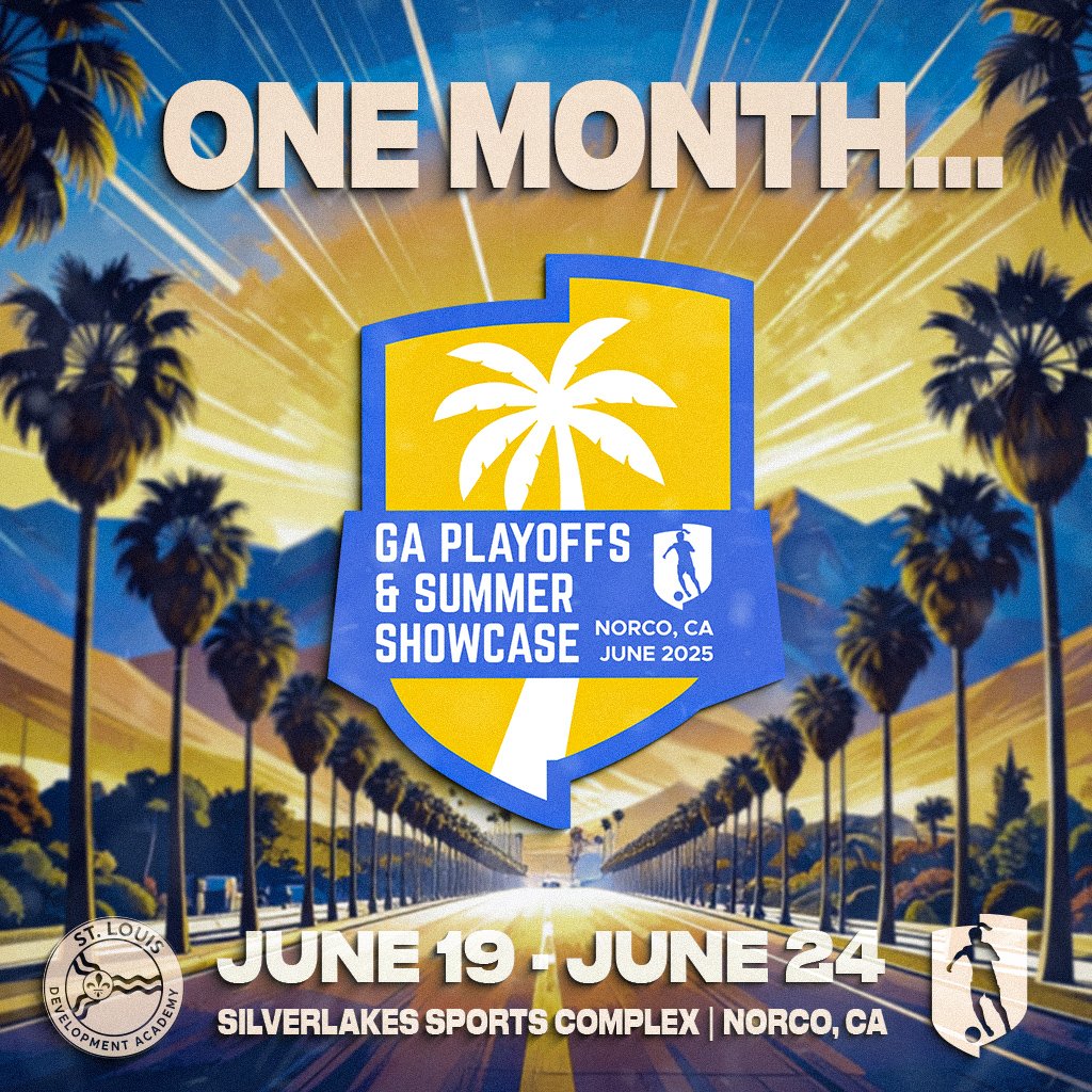 🚨ONE MONTH OUT🚨

The countdown is on.
Our 2011, 2010, 2009 &amp; 2008 GA squads are headed west ✈️ for the GA Playoffs &amp; Summer Showcase in Norco, CA 🌴!

Let the final push begin ⏳
Let’s bring the heat 🔥

June 19–24 | SilverLakes Sports Complex
#DevelopTheLou #GAPlayoffs