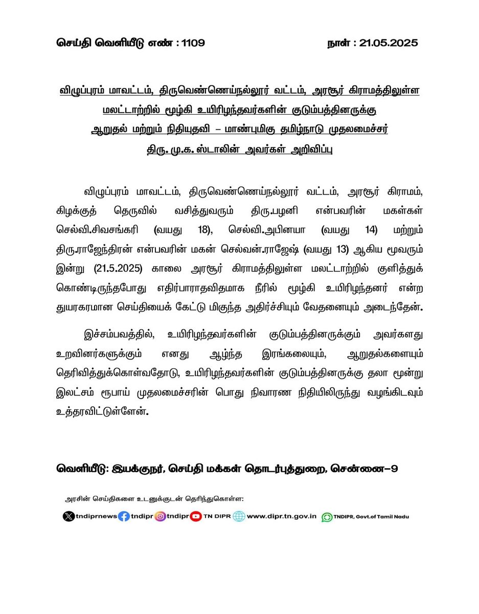 CMOTamilNadu (@cmotamilnadu) on Twitter photo விழுப்புரம் மாவட்டம், திருவெண்ணெய்நல்லூர் வட்டம், அரசூர் கிராமத்திலுள்ள மலட்டாற்றில் மூழ்கி உயிரிழந்தவர்களின் குடும்பத்தினருக்கு ஆறுதல் மற்றும் நிதியுதவியை மாண்புமிகு முதலமைச்சர் <a href="/mkstalin/">M.K.Stalin</a> அவர்கள் அறிவித்துள்ளார். விழுப்புரம் மாவட்டம், திருவெண்ணெய்நல்லூர் வட்டம், அரசூர் கிராமத்திலுள்ள மலட்டாற்றில் மூழ்கி உயிரிழந்தவர்களின் குடும்பத்தினருக்கு ஆறுதல் மற்றும் நிதியுதவியை மாண்புமிகு முதலமைச்சர் <a href="/mkstalin/">M.K.Stalin</a> அவர்கள் அறிவித்துள்ளார்.