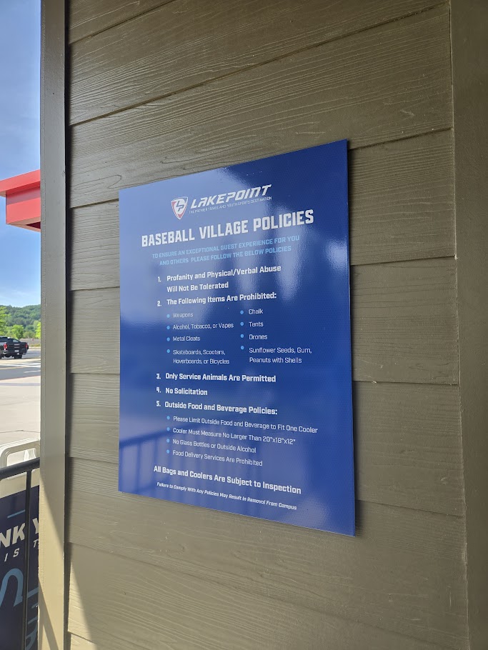 From batting cages to dugouts and everywhere in between, clear signage is key to keeping your facility safe, clean, and running smoothly. Just like these custom signs at LakePoint, we design and produce durable, professional, and branded signage for sports complexes, and more!