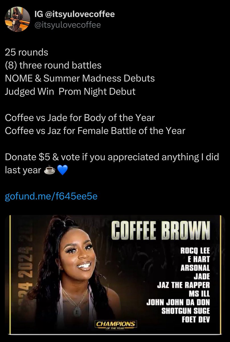 itscoffeetho's tweet photo. BALLOTS ARE GOING OUT TONIGHT #CLOGang โผ๏ธ Checc your emails to place your votes!!
๐นCoffee for WOTY
๐นCoffee vs Jade for BODY OF THE YEAR
๐นCoffee vs Jaz for FBOTY
25 ROUNDS
(8)THREE ROUND BATTLES
(5) MT RUSHMORE TIERS
(2) URL MAIN EVENT DEBUTS
ONE CLEAR CHOICE โ๏ธ๐๐ฅ https://t.co/cTCndSjHBO