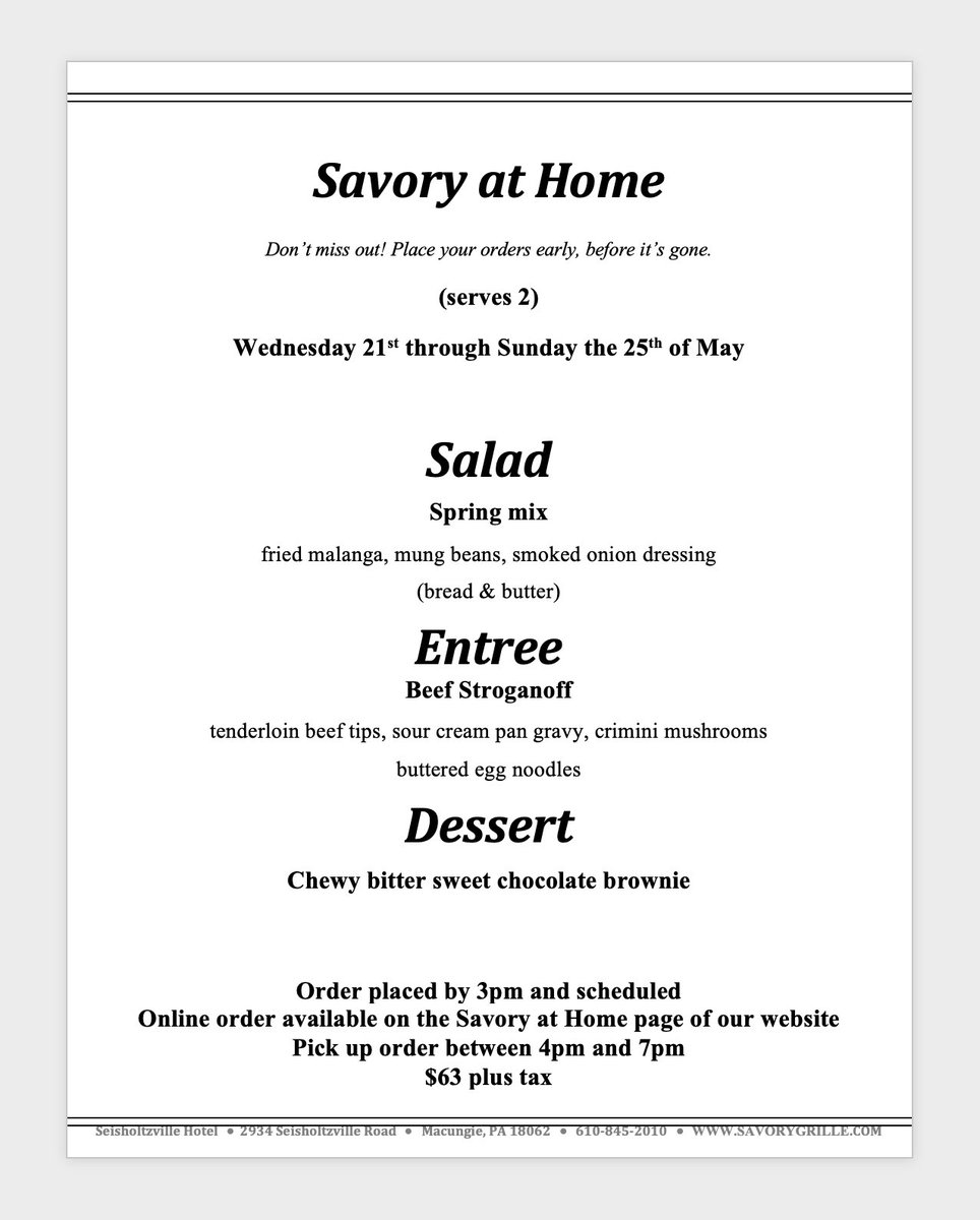 Savory at Home - Wednesday the 21st through Sunday the 25th of May 

savorygrille.com/savoryathome/
#savoryathome #savorygrille #savorygrillepa #lehighvalley #lehighvalleyfoodie #lehighvalleypa