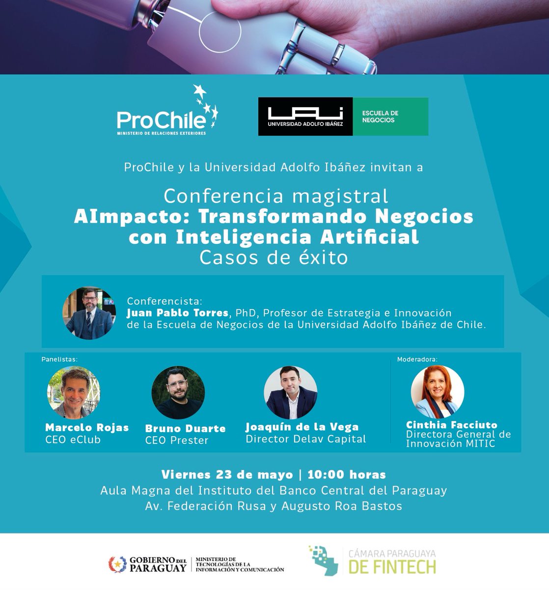 📢 | Te invitamos a la conferencia AImpacto: Transformando Negocios con IA, junto a ProChile y la U. Adolfo Ibáñez.

🗓️ 23 de mayo – 10:00 h
📍 BCP – Aula Magna
🎙️ Con expertos del ecosistema tech
🎟️ Entrada libre | Cupos limitados
🔗 Registrate en: mkg.uai.cl/postgrados-nue…