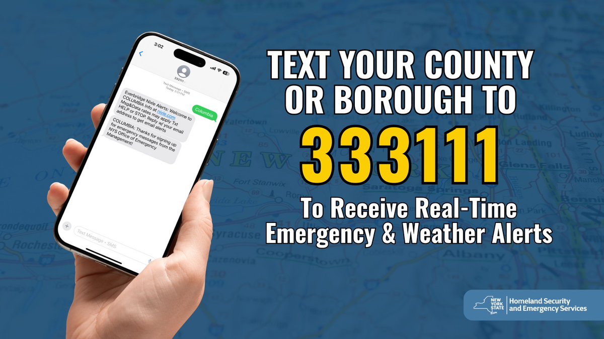 NY State Board of Elections (@nysboe) on Twitter photo Being prepared for the weather is as important as being prepared for elections! Receive free, real-time weather & emergency alerts by texting your county/borough with no spaces to 333111. Sign up for this service from <a href="/NYSDHSES/">NYS Div. of Homeland Security & Emergency Services</a> today!
Learn more at dhses.ny.gov/emergency-aler… Being prepared for the weather is as important as being prepared for elections! Receive free, real-time weather & emergency alerts by texting your county/borough with no spaces to 333111. Sign up for this service from <a href="/NYSDHSES/">NYS Div. of Homeland Security & Emergency Services</a> today!
Learn more at dhses.ny.gov/emergency-aler…