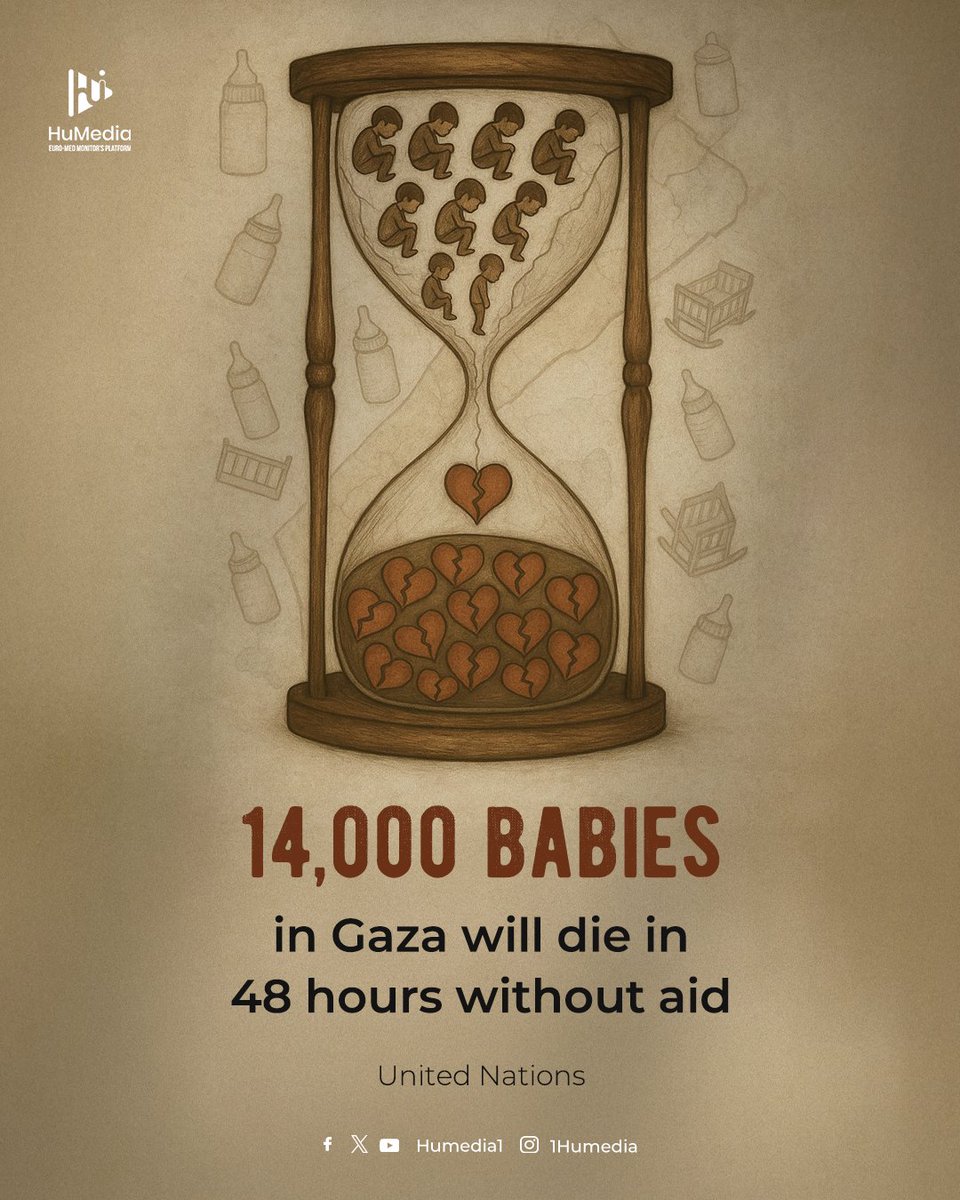 14,000 infants in #Gaza could lose their lives within 48 hours if emergency aid doesn’t reach them, due to the ongoing genocide by #Israel and the blockade that has prevented humanitarian and food supplies from entering for over two consecutive months.