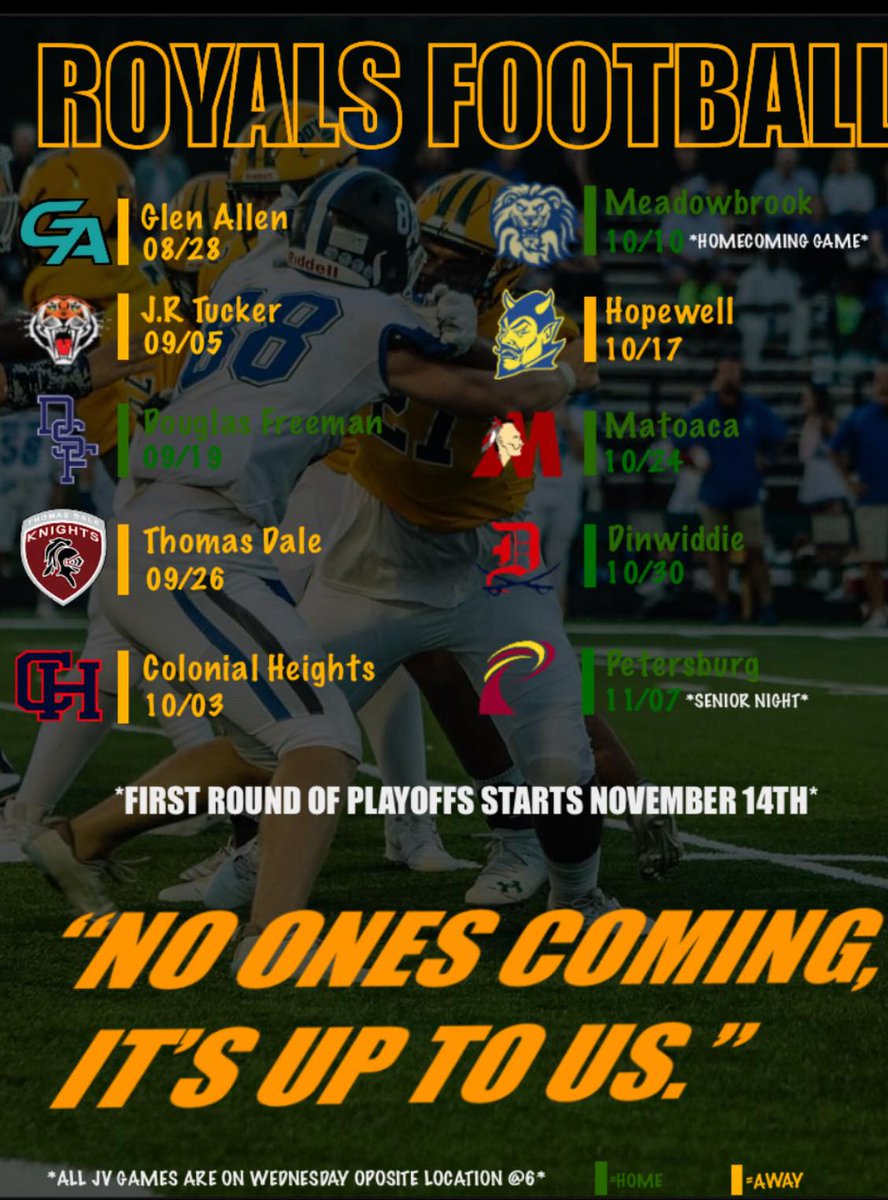 CBS6SportsSean's tweet photo. Prince George Football (@PGRoyalsFB) has released their 2025 schedule!  The Royals start the season August 28th on the road at Glen Allen.  A stretch of four of their first five on the road.

@CBS6 #FSFCBS6 #FinalScoreFriday https://t.co/vJnq1ySlM2