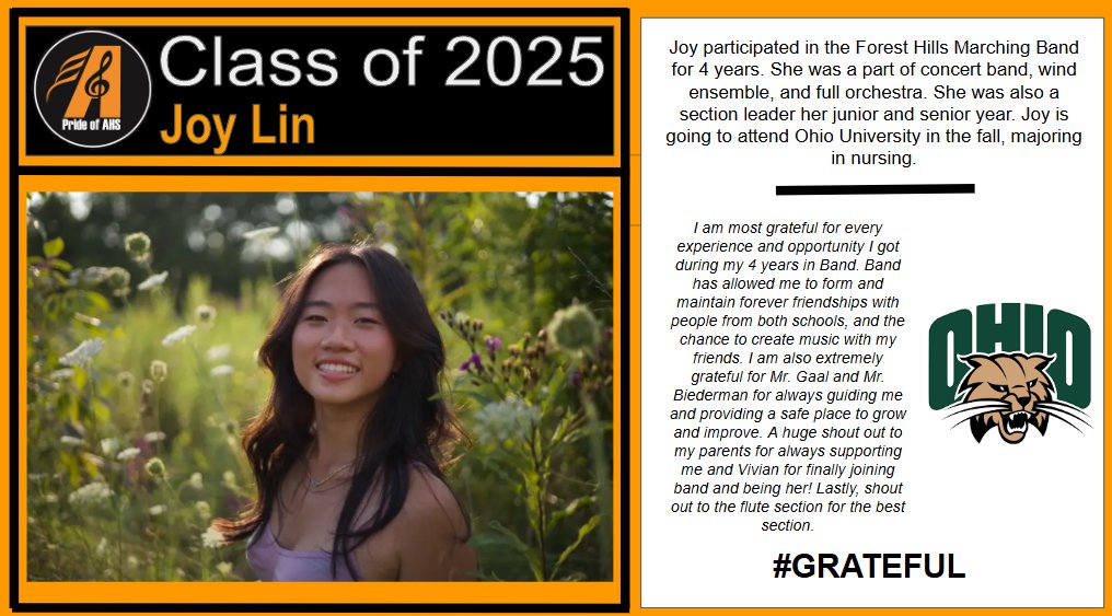 Anderson Band Senior Spotlight #25 - Joy Lin! 26 SENIORS in 13 days . . . We are going to miss these young men and women and their leadership SO MUCH, but can not WAIT to see what they will offer the world!  #AndersonPride #GRATEFUL <a href="/AndersonRaptors/">Anderson High School</a> <a href="/FHSDMusic/">Forest Hills Music</a>