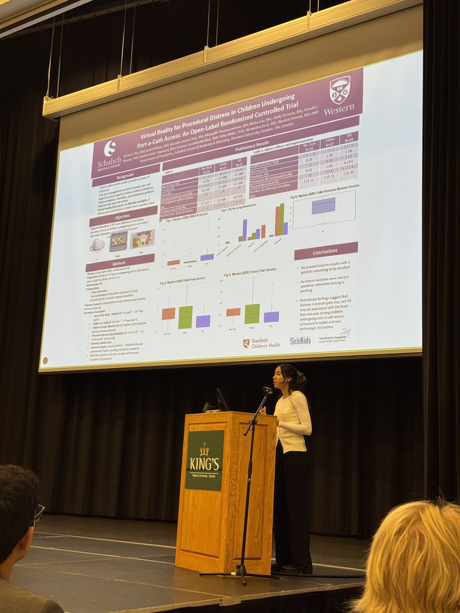 Rossalex Suarez did an excellent job presenting our clinical trial on VR technology to reduce distress in children undergoing port-a-cath access at Western University's Child Health Research Day!