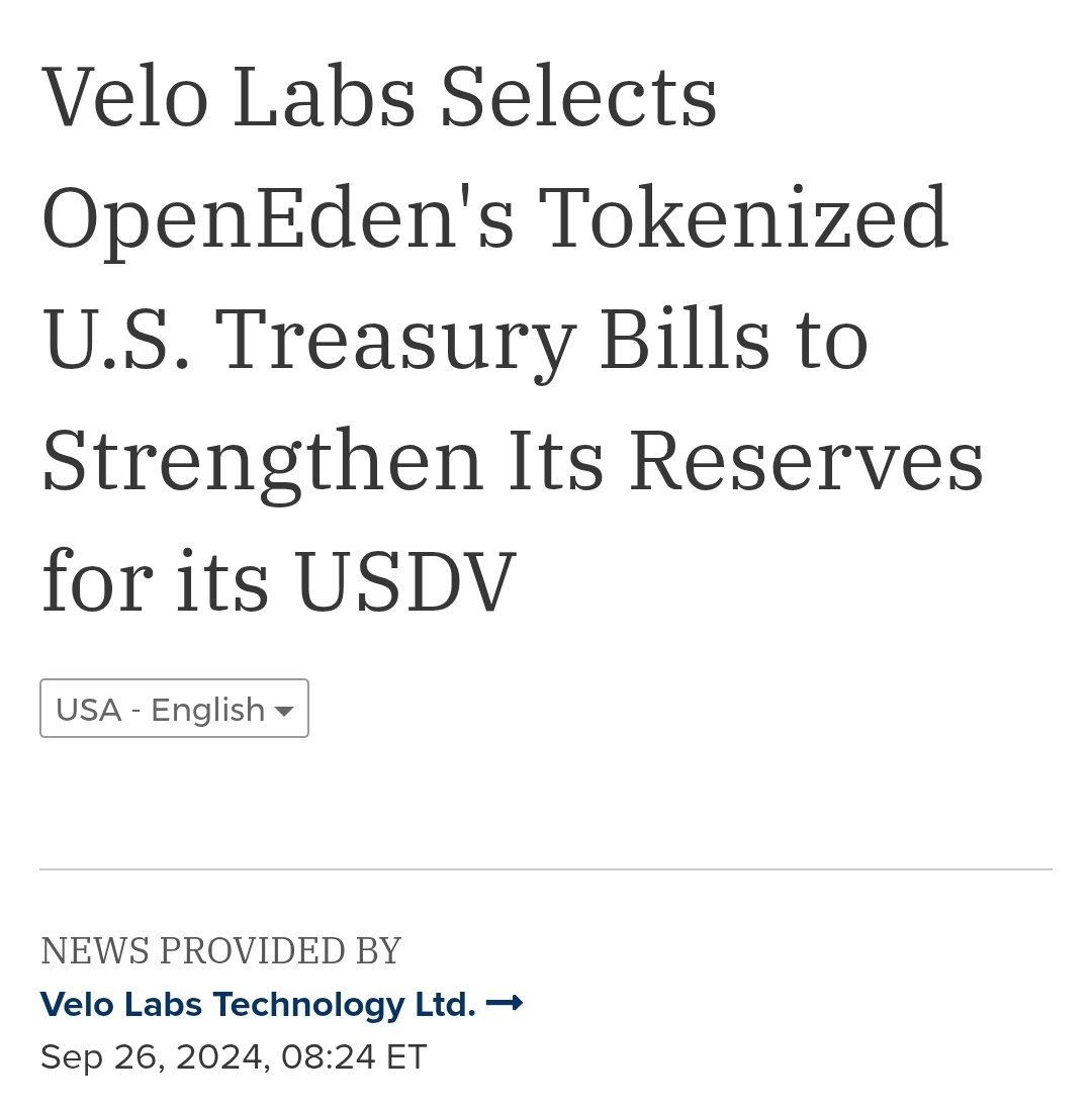 RichCulture ױ (@residualbitcoin) on Twitter photo You can't doubt the blockchain darling of one of the world's largest conglomerates, <a href="/CPGroup_Live/">CPGroup_Live</a>.
<a href="/veloprotocol/">Velo Official</a> is positioning herself as a strong player in the stablecoin market.
$USDV is backed by:
- <a href="/BlackRock/">BlackRock</a> BUIDL
- <a href="/OpenEden_X/">OpenEden</a> TBILL
- <a href="/Paxos/">Paxos</a> $USDL
All three are backed You can't doubt the blockchain darling of one of the world's largest conglomerates, <a href="/CPGroup_Live/">CPGroup_Live</a>.
<a href="/veloprotocol/">Velo Official</a> is positioning herself as a strong player in the stablecoin market.
$USDV is backed by:
- <a href="/BlackRock/">BlackRock</a> BUIDL
- <a href="/OpenEden_X/">OpenEden</a> TBILL
- <a href="/Paxos/">Paxos</a> $USDL
All three are backed