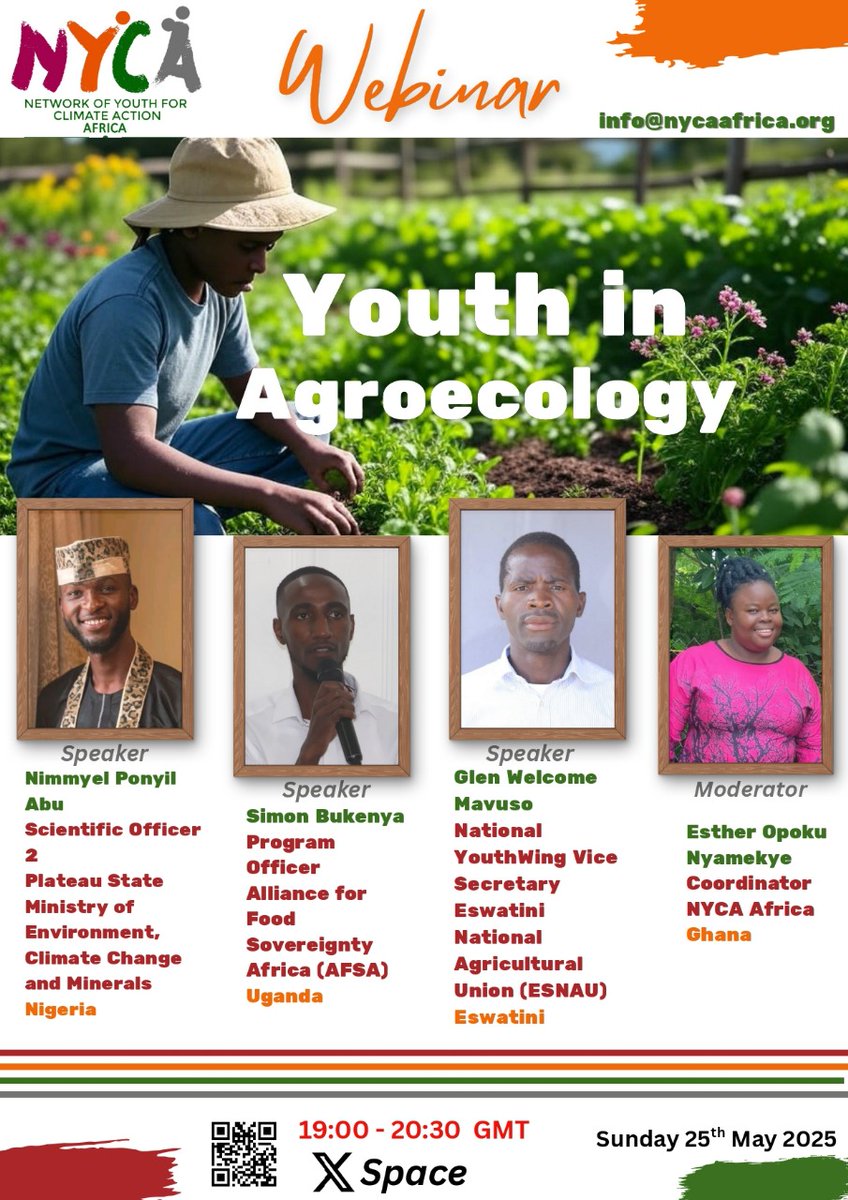 Network of Youth for Climate Action - Africa (@nyca__africa) on Twitter photo We are thrilled to announce that we are hosting a special X space on Agroecology,focusing on the mechanisms the youth can explore to participate and engage in the Agroecology sector. 
Join us this Sunday, 25th May, 2025,as we invite seasoned experts to discuss and digest 
1/2 We are thrilled to announce that we are hosting a special X space on Agroecology,focusing on the mechanisms the youth can explore to participate and engage in the Agroecology sector. 
Join us this Sunday, 25th May, 2025,as we invite seasoned experts to discuss and digest 
1/2
