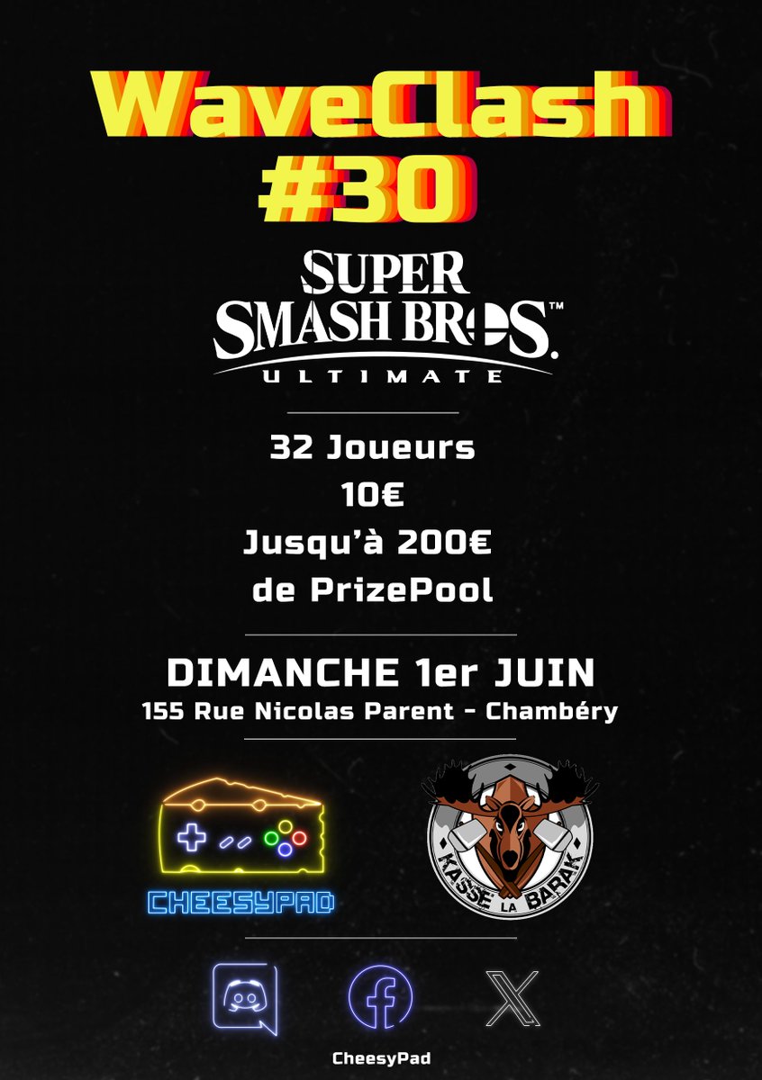 Bonjour !

Le Waveclash #30 !
C'est le Dimanche 1er Juin !

👥- 32 Slots
💸- Tarif de 10€
🏆- 200€ de prizepool
🗺️- 155 Rue Nicolas Parent - Chambéry

S'inscire : start.gg/waveclash

Hésitez pas à RT &amp; Like à balle ! 💛