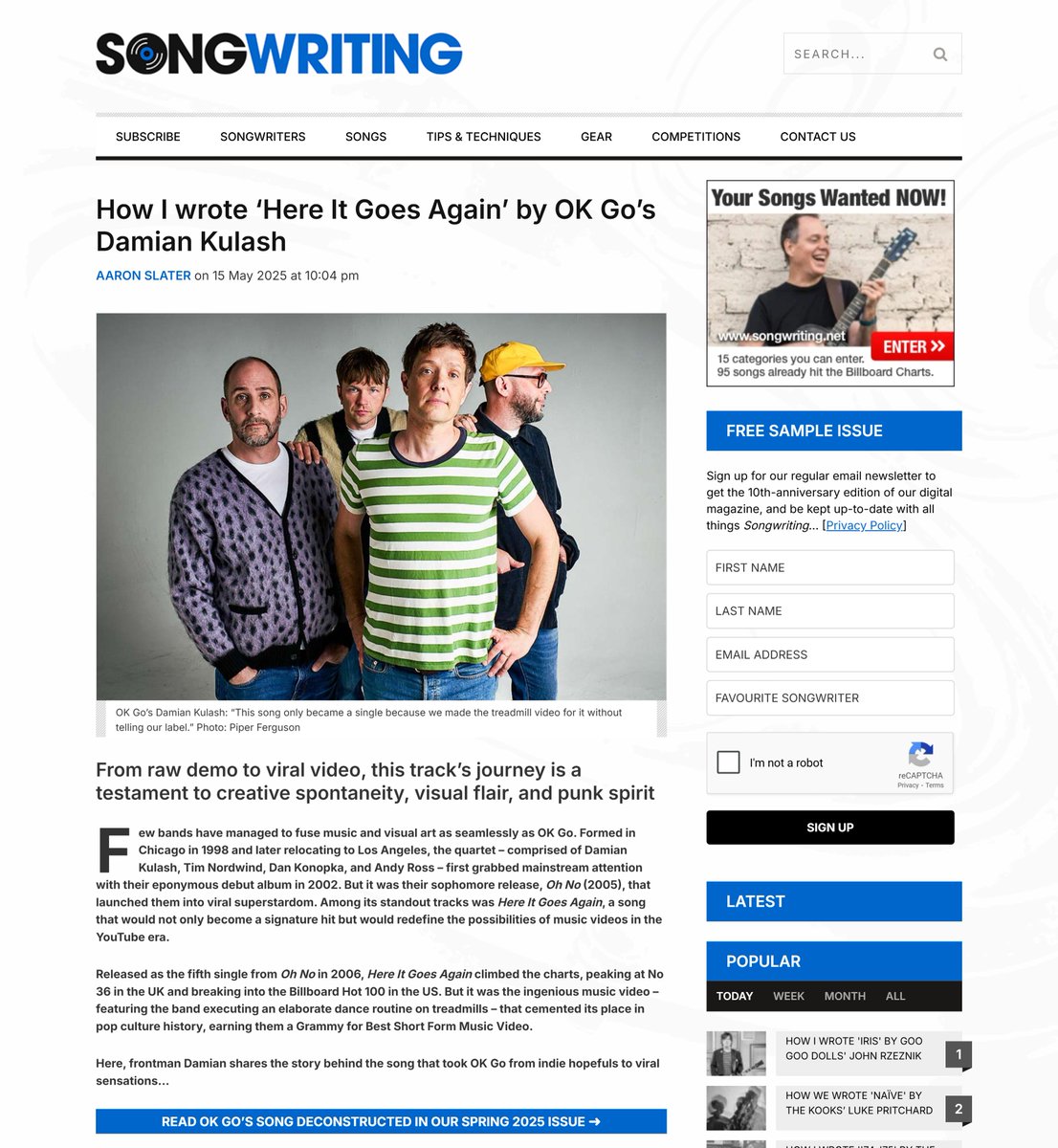 CannonballPR's tweet photo. Great @SongwritingMag piece on how @okgo wrote 'Here It Goes Again'! Well worth a read:
https://t.co/3QuSaIljaI #okgo #hereitgoesagain
#howwewrote #songwritingmagazine #songwriter #songwriting #indierock #bands #newmusic #newalbum #andtheadjacentpossible https://t.co/Qcs6R3M3Nn