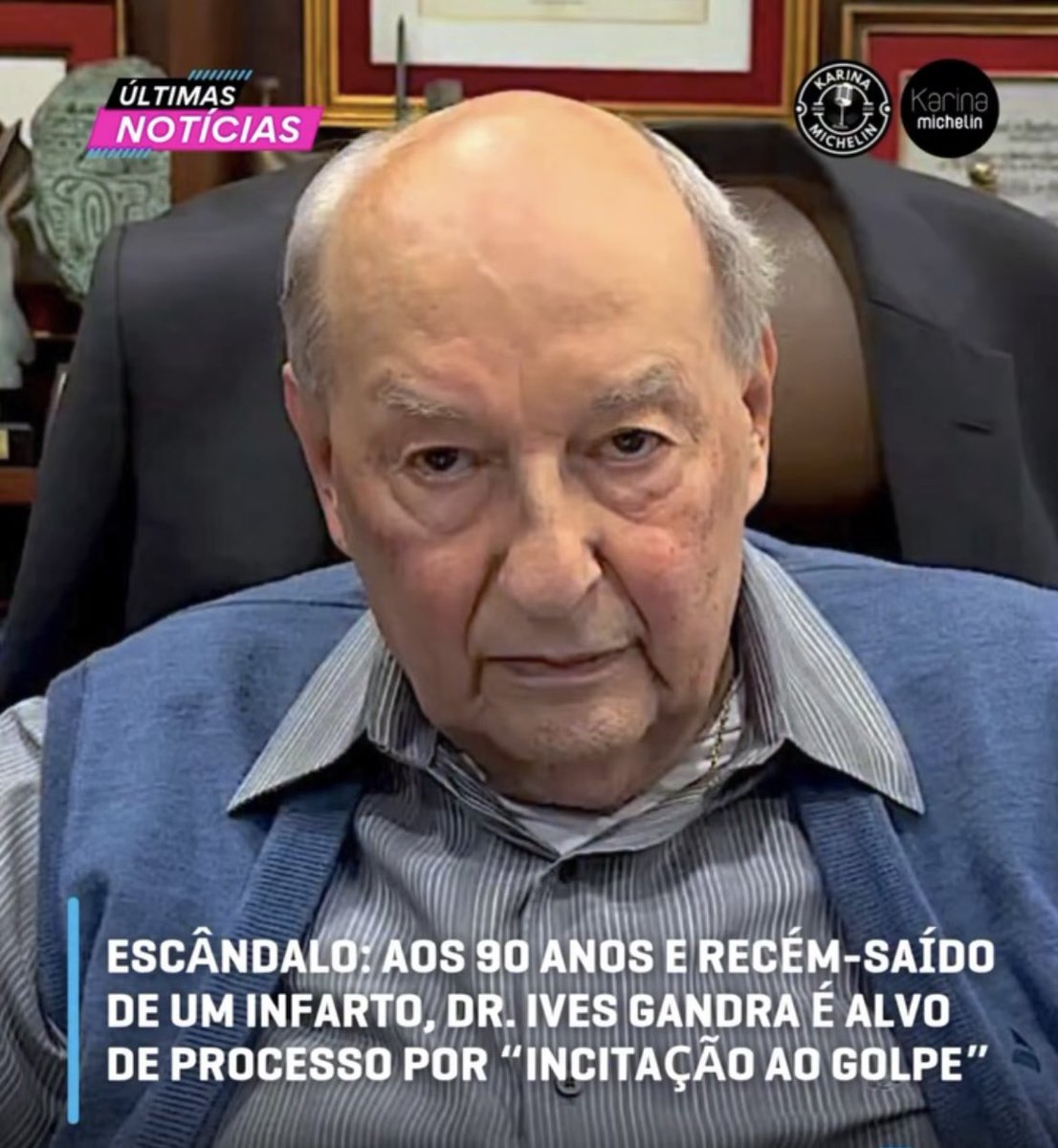 juliovschneider's tweet photo. Aos 90 anos, o jurista Ives Gandra Martins está sendo alvo de um processo por suas interpretações da Constituição, o que tem sido visto como uma forma de perseguição por contrariar o sistema. Sua filha, a advogada Angela Gandra, relatou que ele teve que se defender na OAB da acusação de incitação a golpe, baseada em um texto escrito por ele em 1988. 

O conteúdo foi encontrado no celular de Mauro Cid e trata de reflexões jurídicas sobre o artigo 142, discutido há décadas no meio acadêmico. Mesmo assim, a ABI move um processo ético contra Gandra, levantando críticas sobre a tentativa de silenciar opiniões jurídicas divergentes.

Querem proibir de ‘pensar’, aqueles que não concordam com o que 'determina' o sistema.