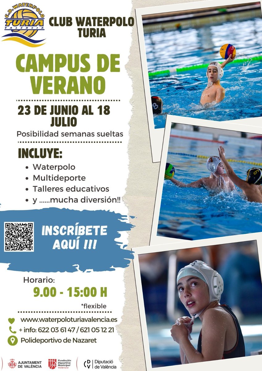 WTuria's tweet photo. Abierta Inscripción Campus de Verano 2025!!
Actividades deportivas, lúdicas, talleres y mucho Waterpolo 🤽🤽‍♂️en 4 semanas de Junio y Julio. 
Inscríbete 📝 en https://t.co/vuhXAQ7aWv 
Cualquier duda escribe a actividadeswaterpoloturia@outlook.es 📬 o manda Whatsapp al 622036147 📲 https://t.co/rRCmzqOLUf