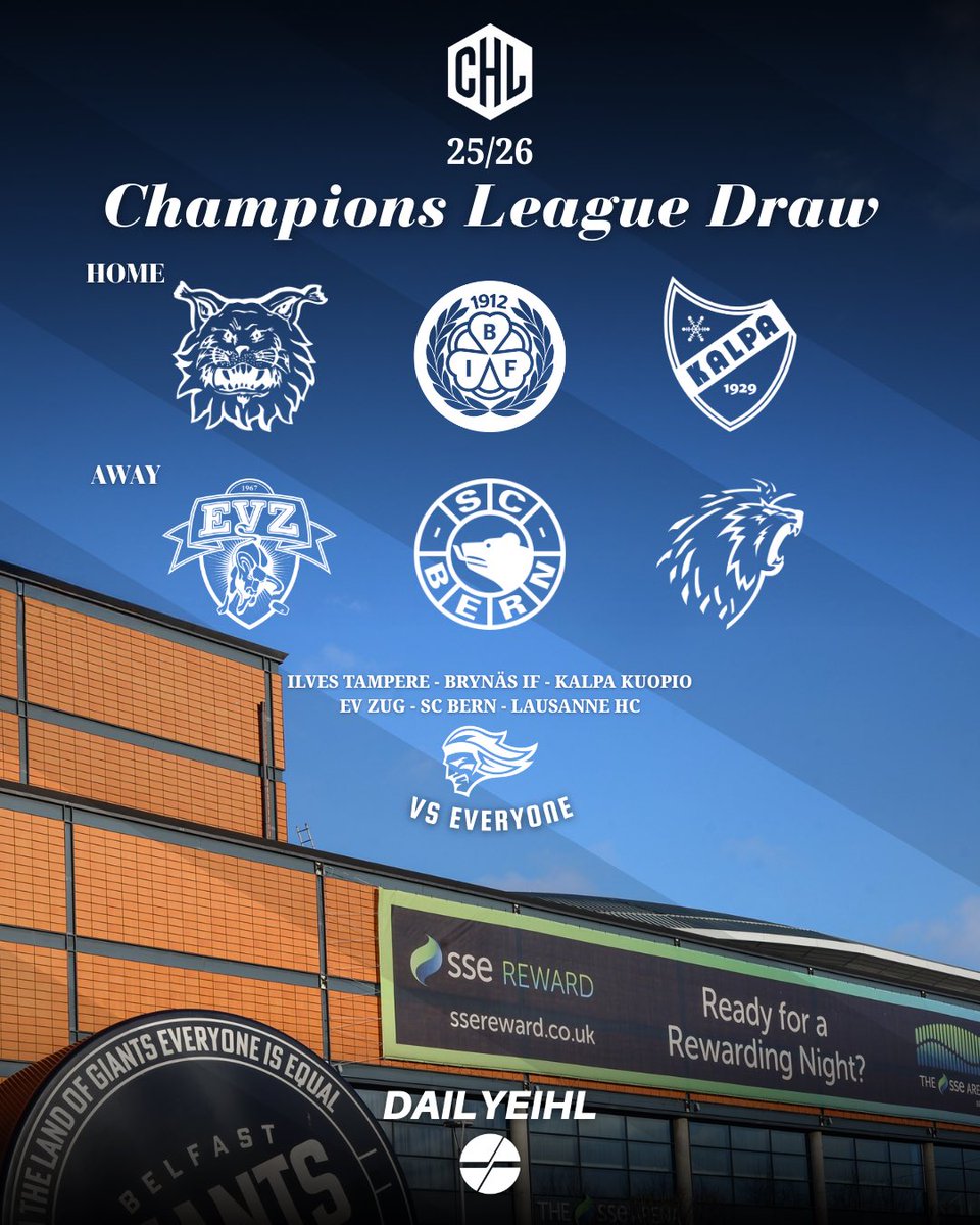 dailyeihl's tweet image. It’s an all-Swiss away tour for the Belfast Giants this CHL campaign as their fixtures are as follows. 
Home: 
🇫🇮 - Ilves Tampere 
🇸🇪 - Brynäs IF
🇫🇮 - KalPa 
Away: 
🇨🇭 - EV Zug
🇨🇭 - SC Bern
🇨🇭 - Lausanne HC

How you feeling Giants fans?