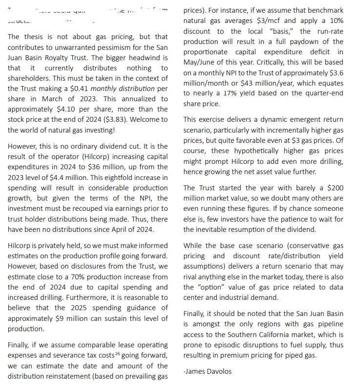 StockCompil's tweet photo. Horizon Kinetics on San Juan Basin Royalty Trust $SJT US

Thesis: San Juan Basin Royalty Trust is undervalued due to its current lack of distributions, but potential significant production growth and favorable market conditions could lead to lucrative returns for patient investors.

(Extract from their Q1'25 letter)