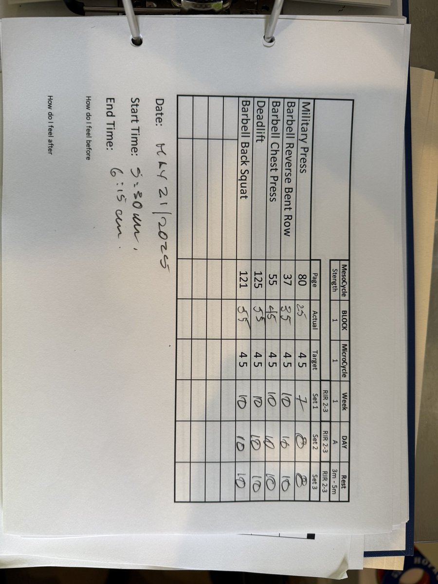 First recovery work out.  

Wasn’t pretty. 

My circadian rhythm is F’d up   

Crawled out of bed at 435. Had to skip cardio as a result.   But got the break in lifting done.   

Lighter weights. Full ROMs. Consistent reps.  

A challenge of working out first thing in the morning