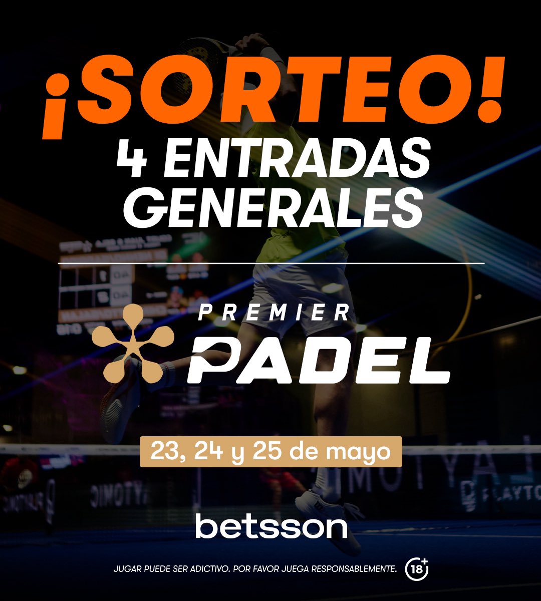 betssonparaguay's tweet photo. ¡Sorteamos 2 pares de entradas para el ASUNCIÓN @premierpadel P2! 😎🙌🏻
 
➡️ Seguinos, dalé like a este post y repostea para participar ✅
 
Sorteamos el 22/05 en nuestras historias de Instagram. Solo válido para mayores de 18.
 
#PremierPadel #sorteo #betsson https://t.co/g0o4AJ69Hj