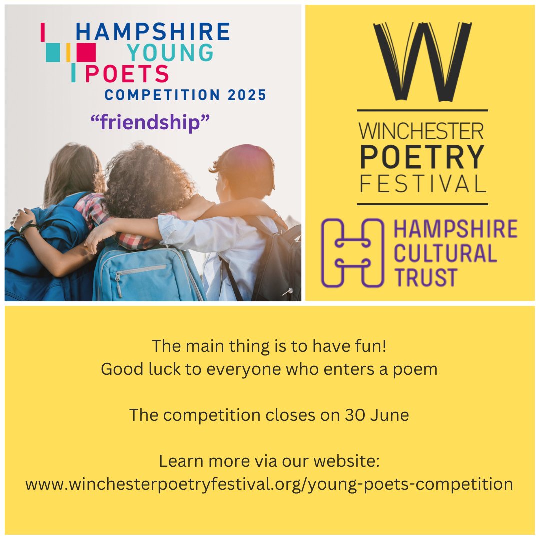 Winchester Poetry (@winpoetryfest) on Twitter photo 👩🏽🏫Hampshire Young Poets' comp is open!
Theme: friendship
Close: 30 June
Here you'll find some prompts from #HampshirePoeet to get those pens wiggling!
Find PDF teaching resources, and how to enter: winchesterpoetryfestival.org/young-poets-co…
<a href="/HantsCulture/">Hampshire Cultural Trust</a> <a href="/ParisSmithLLP/">Paris Smith</a> @bookwells <a href="/ace_southwest/">Arts Council England, South West</a> 👩🏽🏫Hampshire Young Poets' comp is open!
Theme: friendship
Close: 30 June
Here you'll find some prompts from #HampshirePoeet to get those pens wiggling!
Find PDF teaching resources, and how to enter: winchesterpoetryfestival.org/young-poets-co…
<a href="/HantsCulture/">Hampshire Cultural Trust</a> <a href="/ParisSmithLLP/">Paris Smith</a> @bookwells <a href="/ace_southwest/">Arts Council England, South West</a>