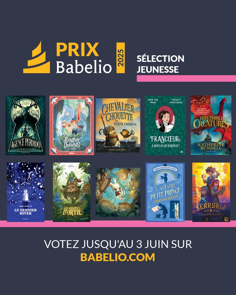 Côté Jeunesse #PrixBabelio2025 : <a href="/VictorDixen/">Victor Dixen</a>, Benjamin Lacombe, Marcus Malte, Christopher Denise, Katherine Rundell, Clémentine Beauvais, Martin Meyronne, Jonathan Garnier, Amélie Fléchais, Marie-Aude Murail et sa fille Constance, Clara Hoffmann.

Votez : babelio.com/prix-babelio?c…