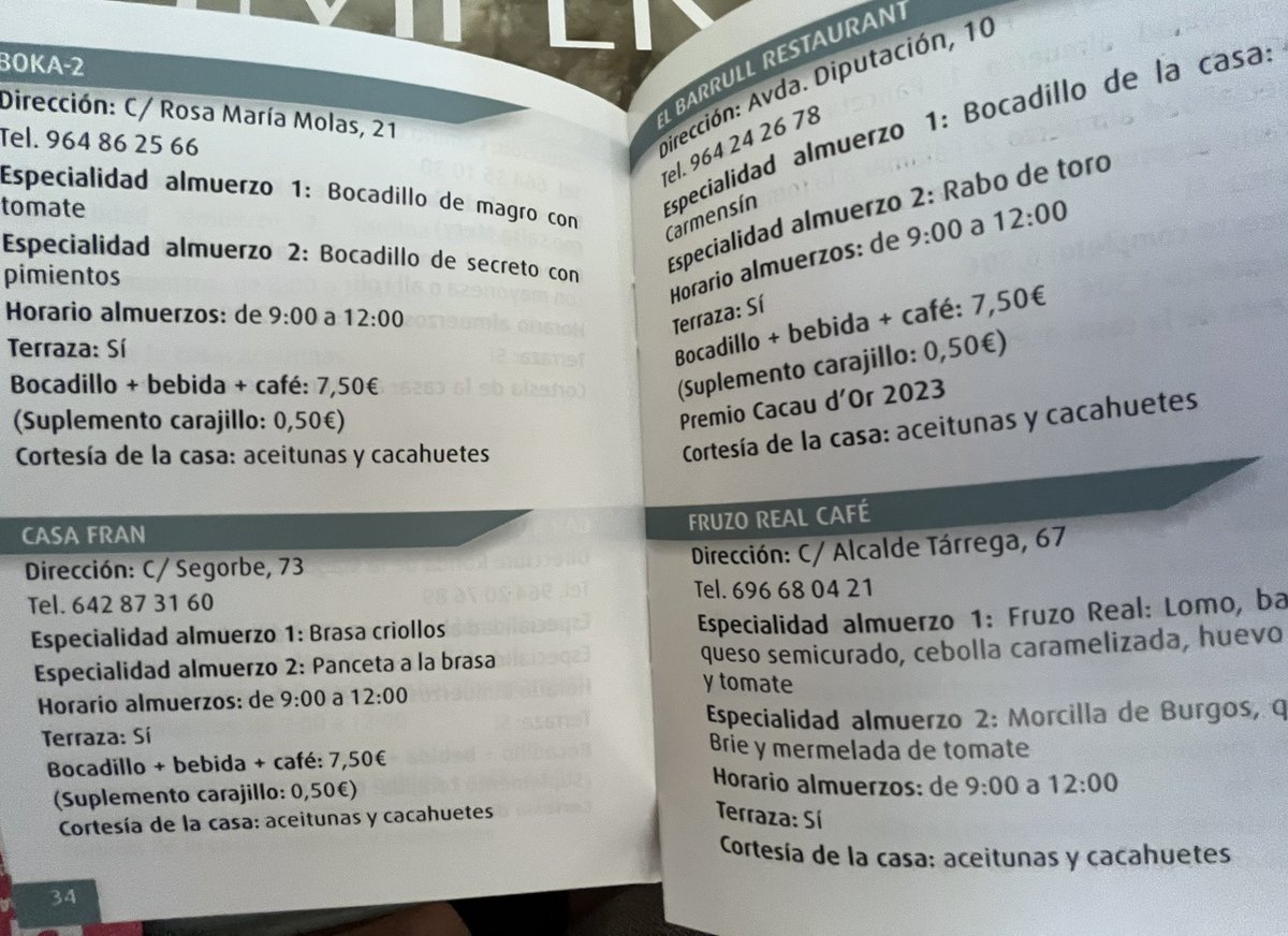 Ja mos ham agensiat el llibret dels almorsars a Castelló 123 puestos a la capital i el Grau, justet baix del Barull i  el bar de les venesolanes a on anem ara molt, a la placeta Dolçainer de Tales