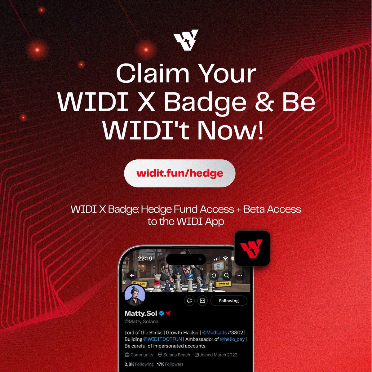 WIDI is your cheat code on Solana 🪄

💥 Print with its first of its kind AI-powered Copy-Trading mobile-native WIDI App
💥 Become a shareholder in its Hedge Fund—for FREE
💥 Vote &amp; Earn in its Hedge Fund DAO

Claim your X Badge now &amp; be WIDI’t. 🧠