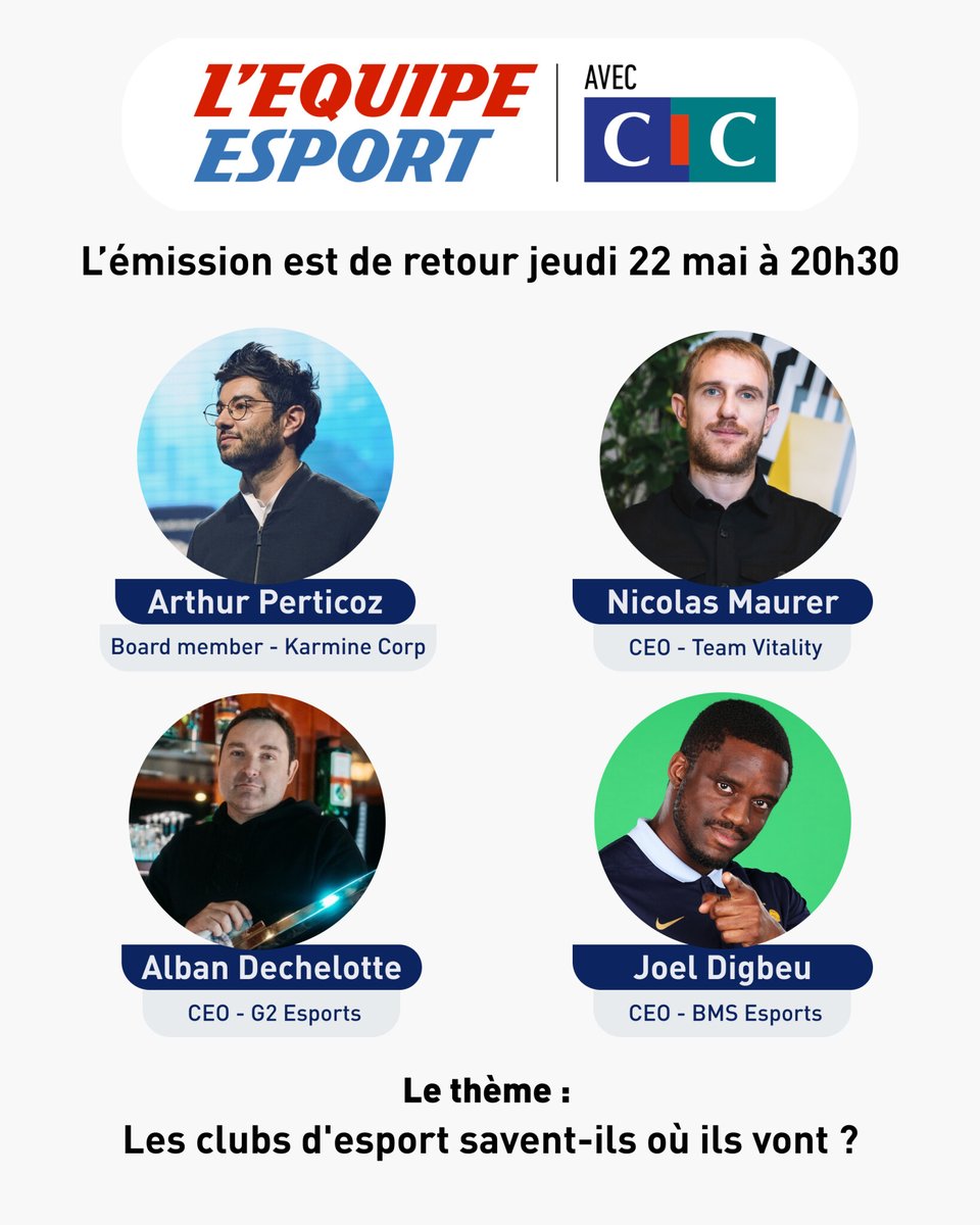 lequipe's tweet photo. J-1 avant le retour de L’Équipe Esport, en partenariat avec le @CIC ! Voici le casting qui accompagnera @Paul_Dejala ⤵️

@ArthurPerticoz - @KarmineCorp
@nicolas_maurer_ - @TeamVitality
@AlbanDechelotte - @G2Esports
@JoelPostbad - @BMS_CREW 

#lequipeESPORT #CIC_Esport https://t.co/orfjPCmUcf