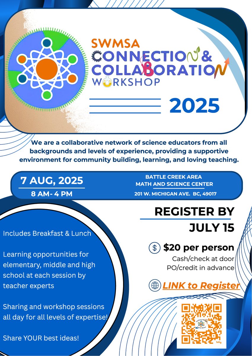 🧪 Science teachers unite! The SWMSA Connection &amp; Collaboration Workshop is coming to Battle Creek on Aug 7. Enjoy a day of learning, sharing, and community building with peers from across SW Michigan! $20 includes meals. Register by July 15! bit.ly/3FdOmiA