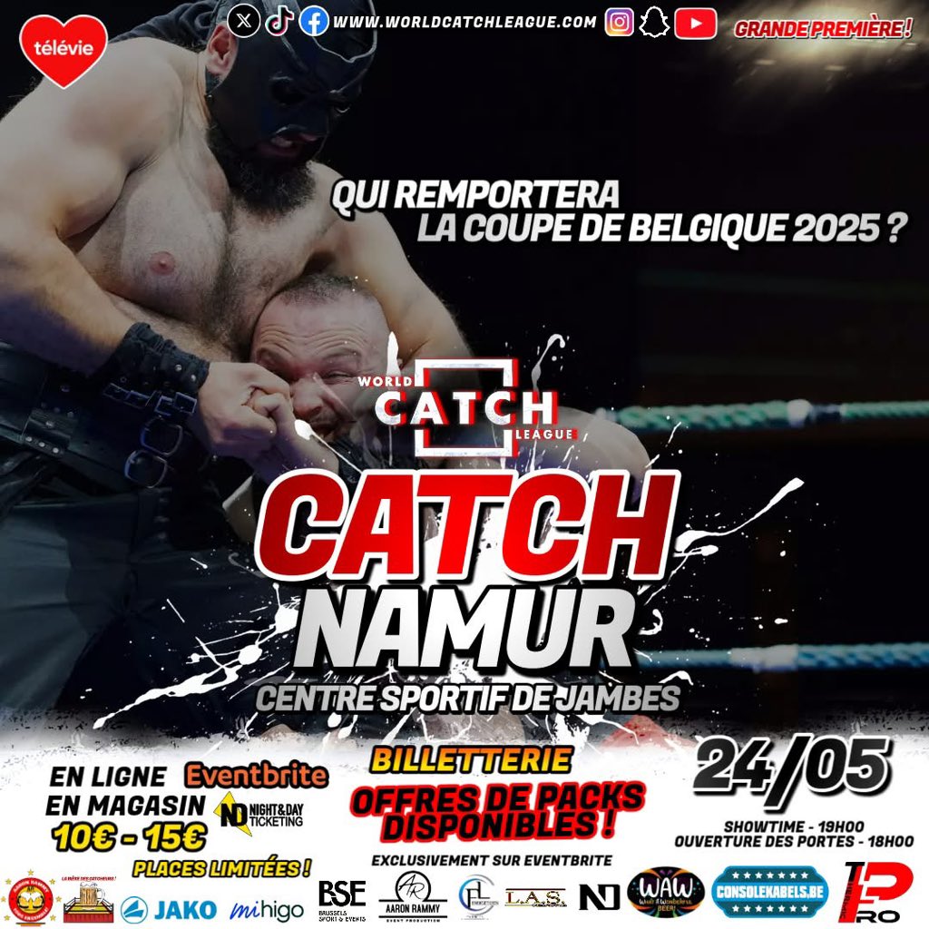 WCLcatch's tweet photo. J-3 avant la deuxième édition de la Coupe de Belgique de Catch en direct de Namur !

Retrouvez les catcheurs professionnels de La WCL - World Catch League pour deux heures de spectacles sportif qui feront vibrer petits et grands.
Ambiance électrique garantie 🤘🤘
#catch #wwe https://t.co/NVwtaWm1Xr