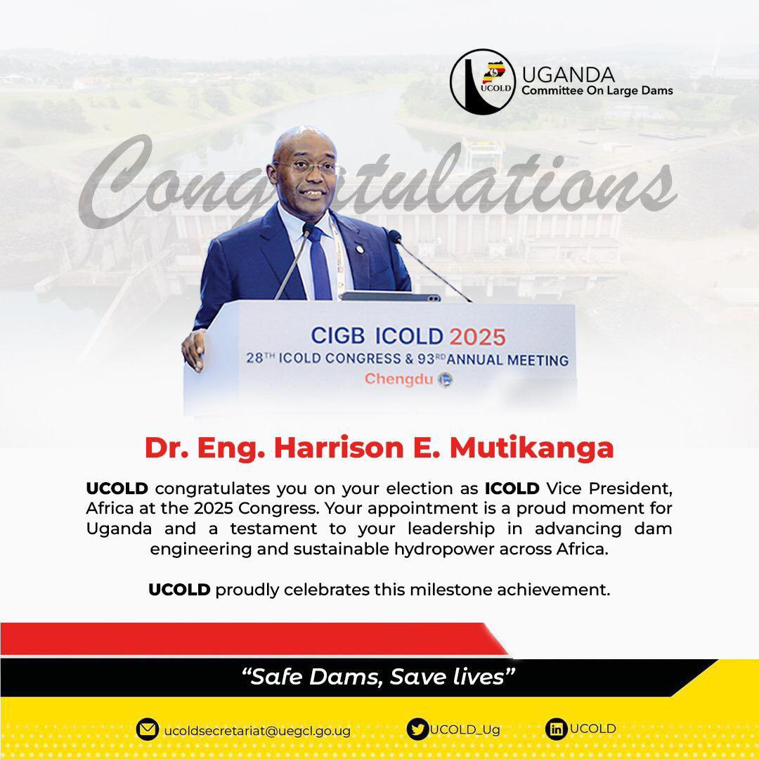 UCOLD_Ug's tweet photo. Yesterday, our Vice President was elected as Vice President-Africa on a 7-member @ICOLDCIGB Governing Board for a 3-year  term. ICOLD leads the profession in setting standards and guidelines to ensure safey &amp; sustainability of dams Worldwide. Congratulations Dr. Eng. Harrison! https://t.co/HbTYVwQEUv