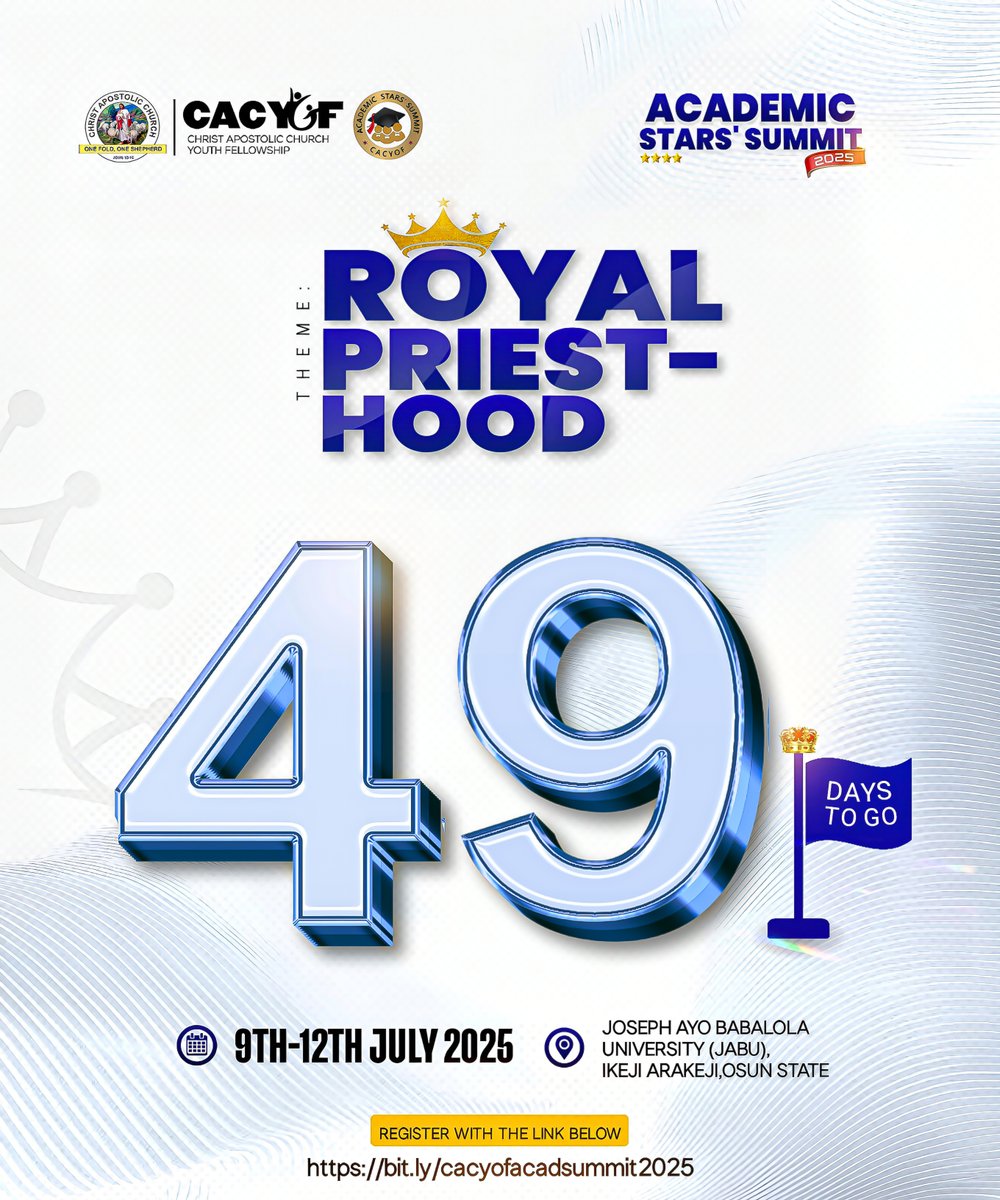 cacyofoffice's tweet photo. ✨ 49 Days to Go! 👑📚

🗓️ Mark your calendar.
🔥 Stir up your passion.
🎓 Your journey to purpose, leadership, and academic excellence starts now.

Register at: https://t.co/f0W4XG1Vwv

#RoyalPriesthood #AcademicStarsSummit #49DaysToGo #CACStudentsandProfessionals https://t.co/oCtJSe9W5n
