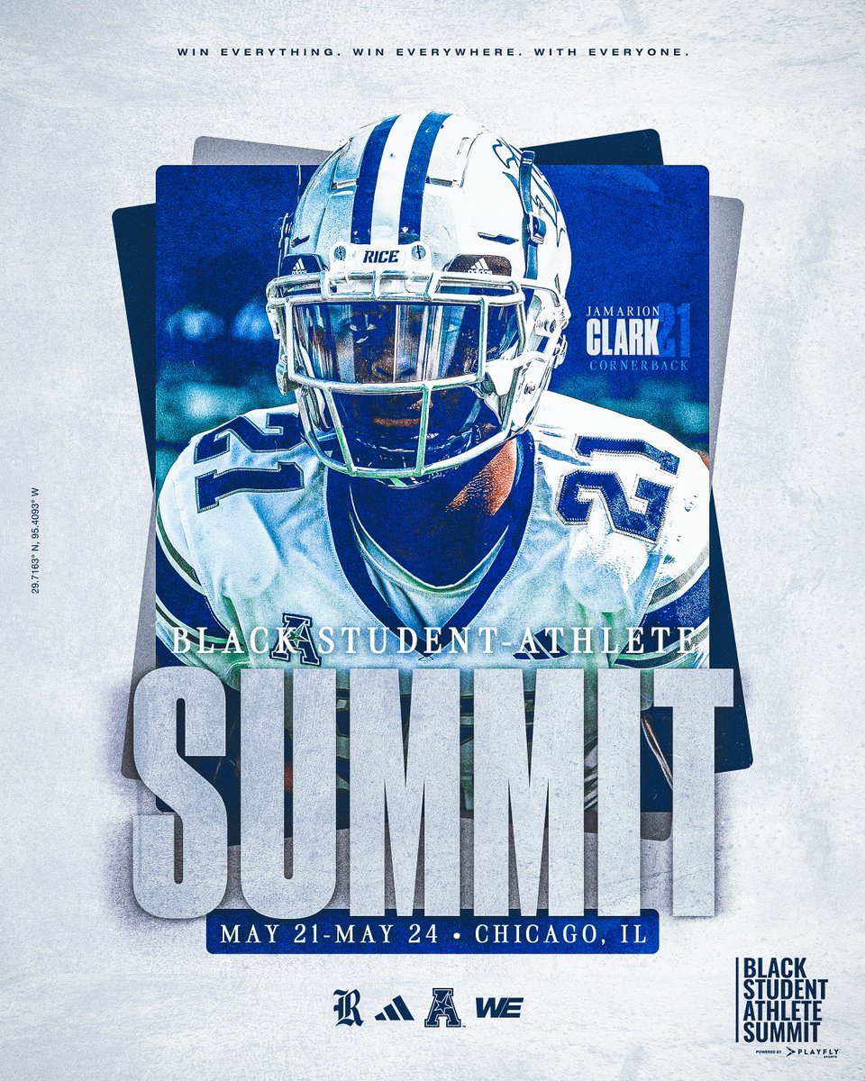 RiceFootball's tweet photo. Maximizing his College Experience 📚

JC Clark will be Representing our Program this Week at the Black Student-Athlete Summit in Chicago‼️

@BSASummit is an Opportunity for Black Student-Athletes to Connect, Network, & Learn from Professionals & Leaders in the Sports Industry

#WE