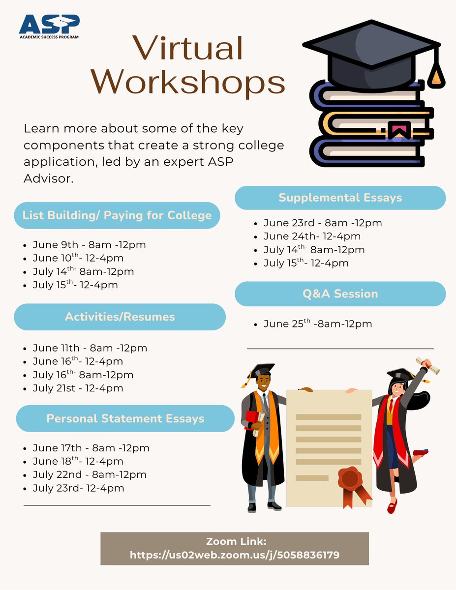 Want to get a head start on College this summer. ASP has some virtual workshops to help you out.
