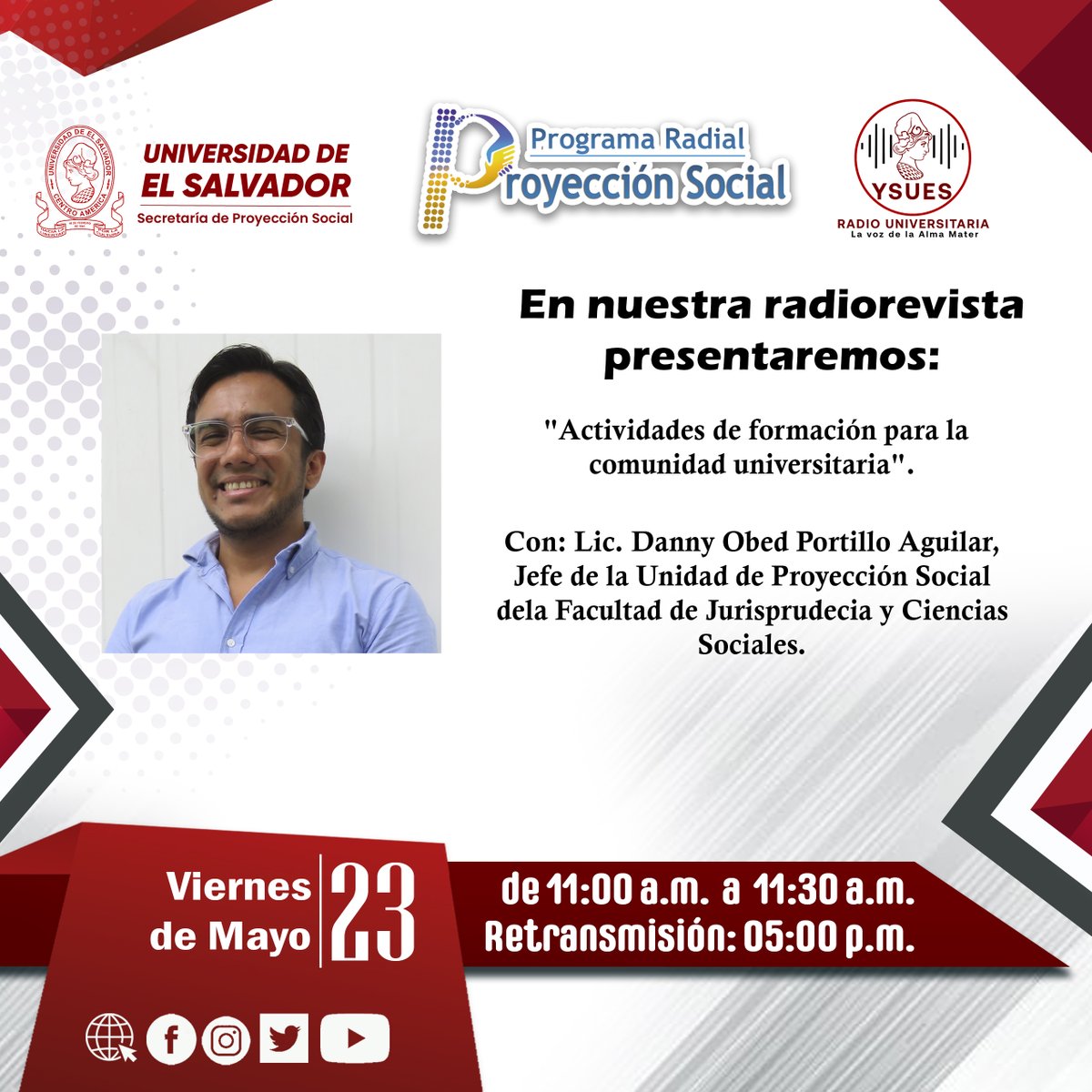 Este viernes 23 de mayo conversaremos sobre Actividades de formación para la comunidad universitaria de la Facultad de Jurisprudencia y Ciencias Sociales